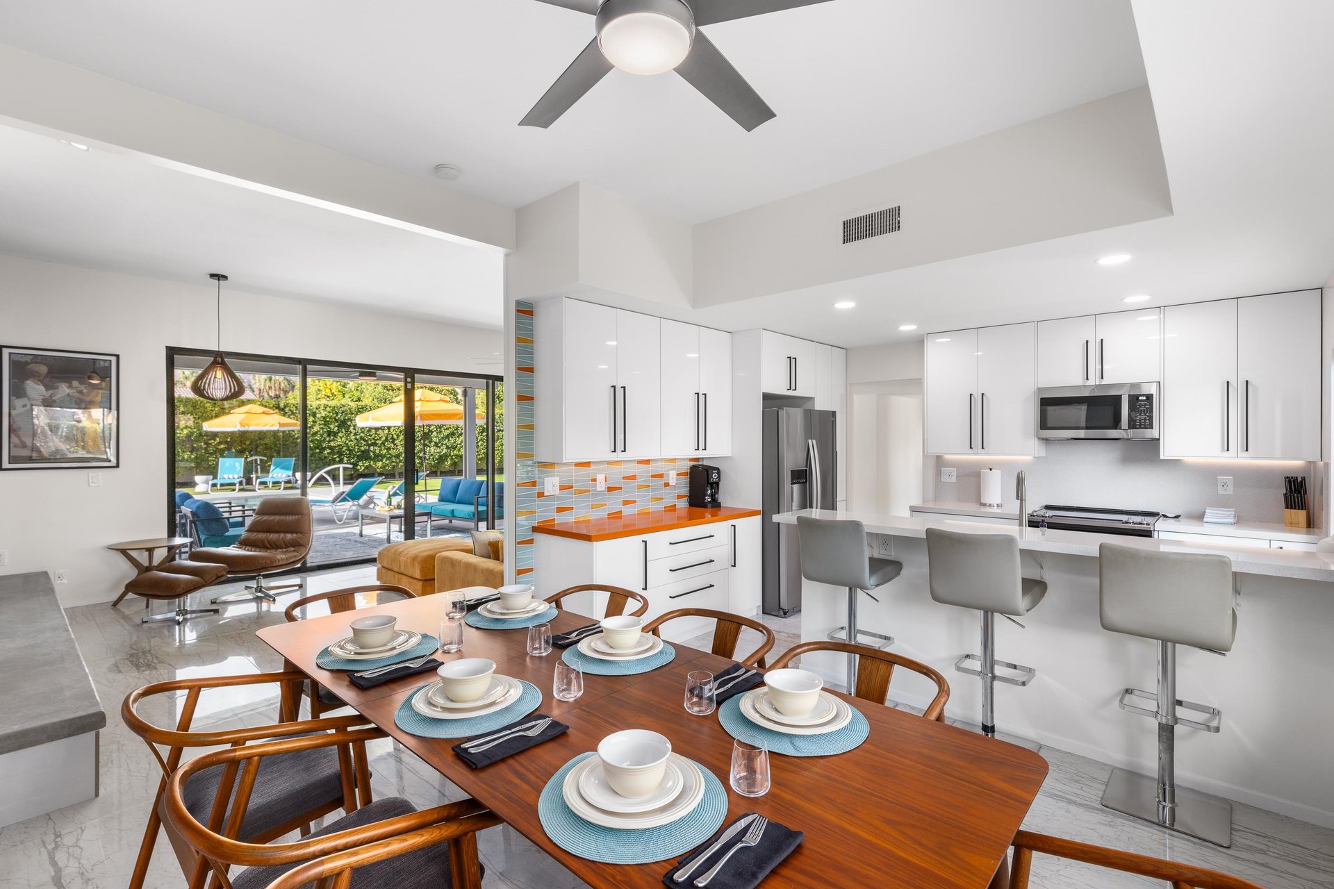 Flowing space from the living room, dining room and kitchen