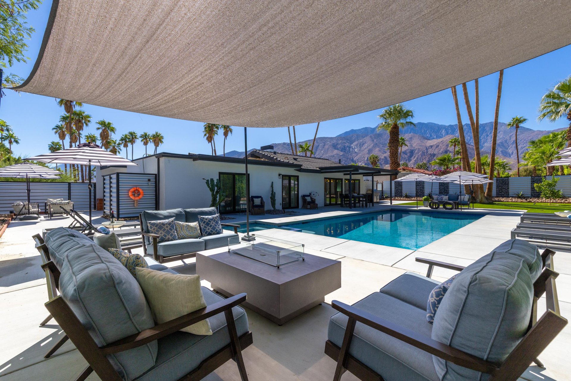 Covered lounge area with fire pit