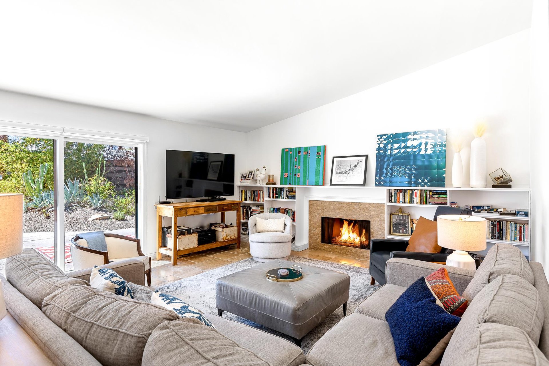 Large comfy living room area, open to the yard and kitchen