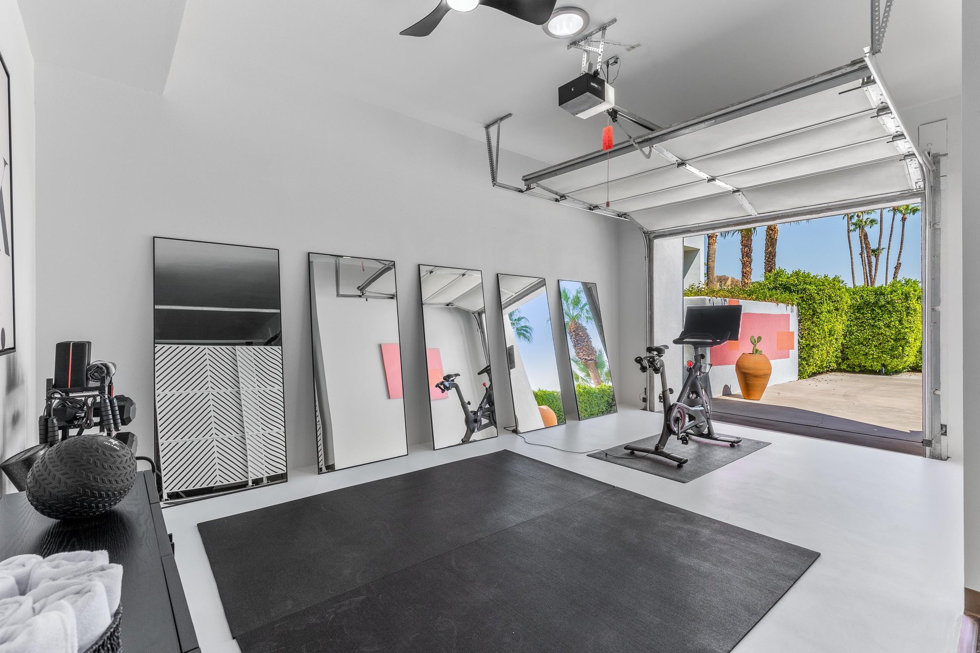 Home gym inside the garage
