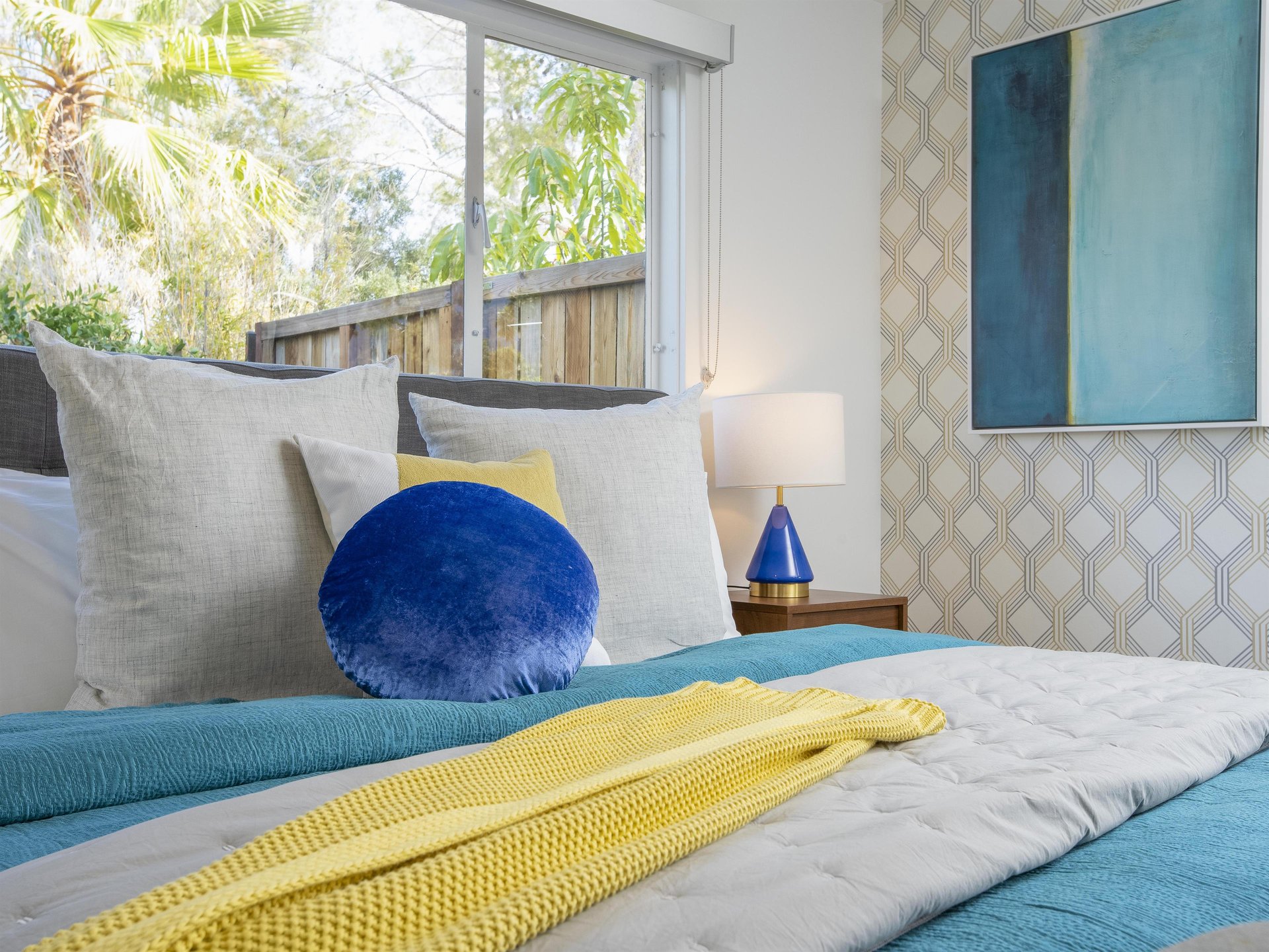 Pops of color in the bedrooms create that fun Palm Springs vibe