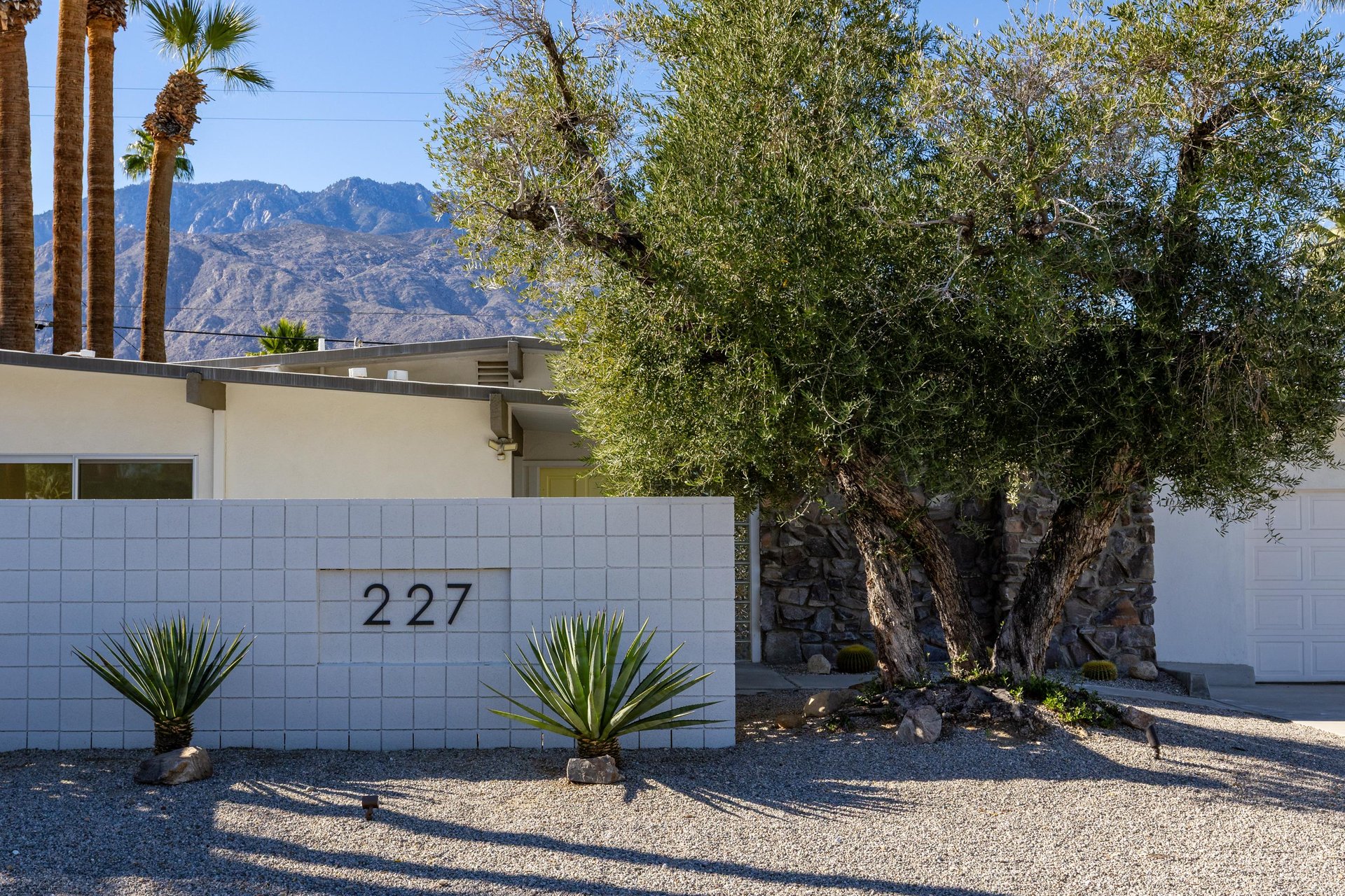 Modern desert retreat entrance with dramatic mountain backdrop and palmlined approach creating a striking first impression.