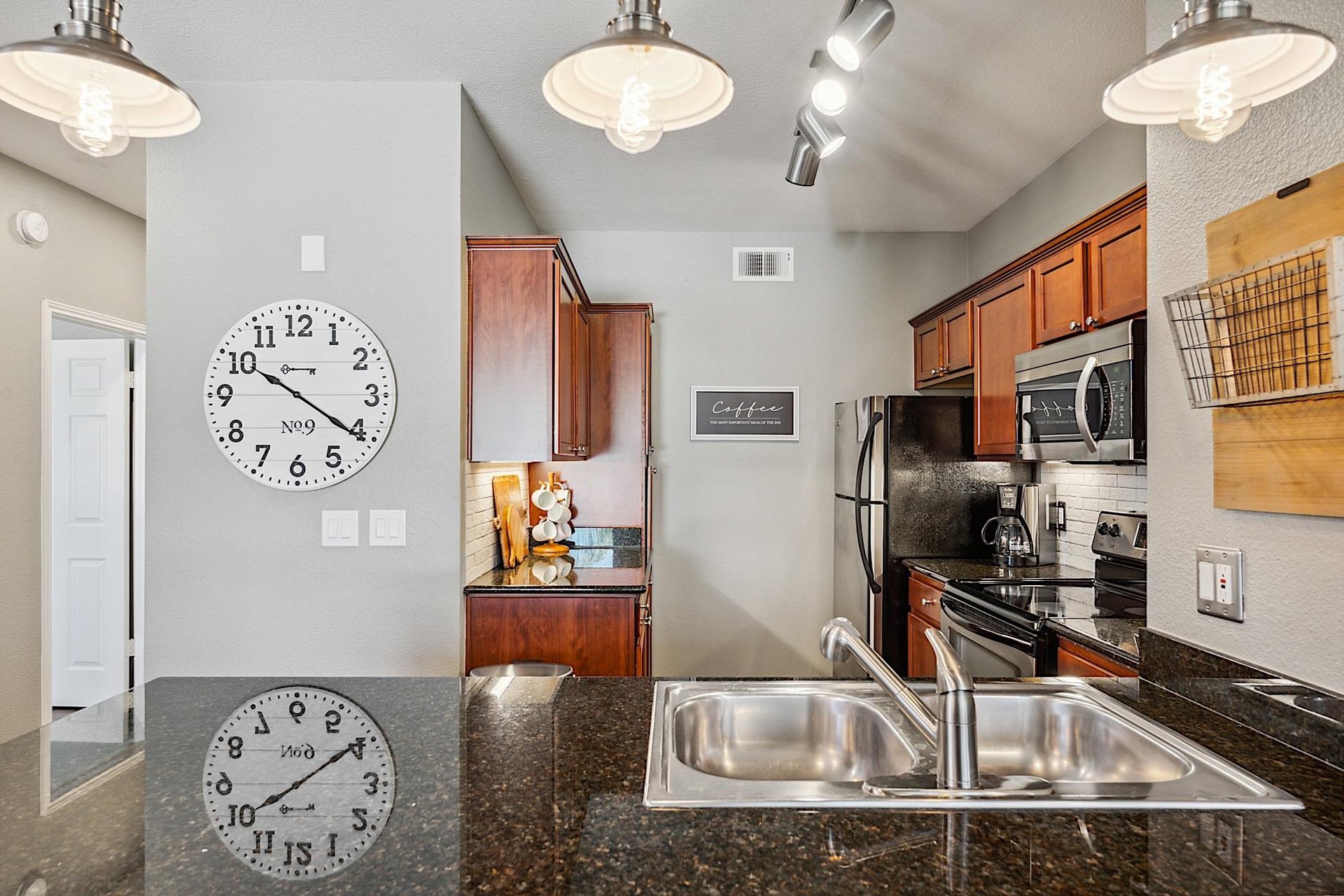 Looking into kitchen from island  breakfast bar