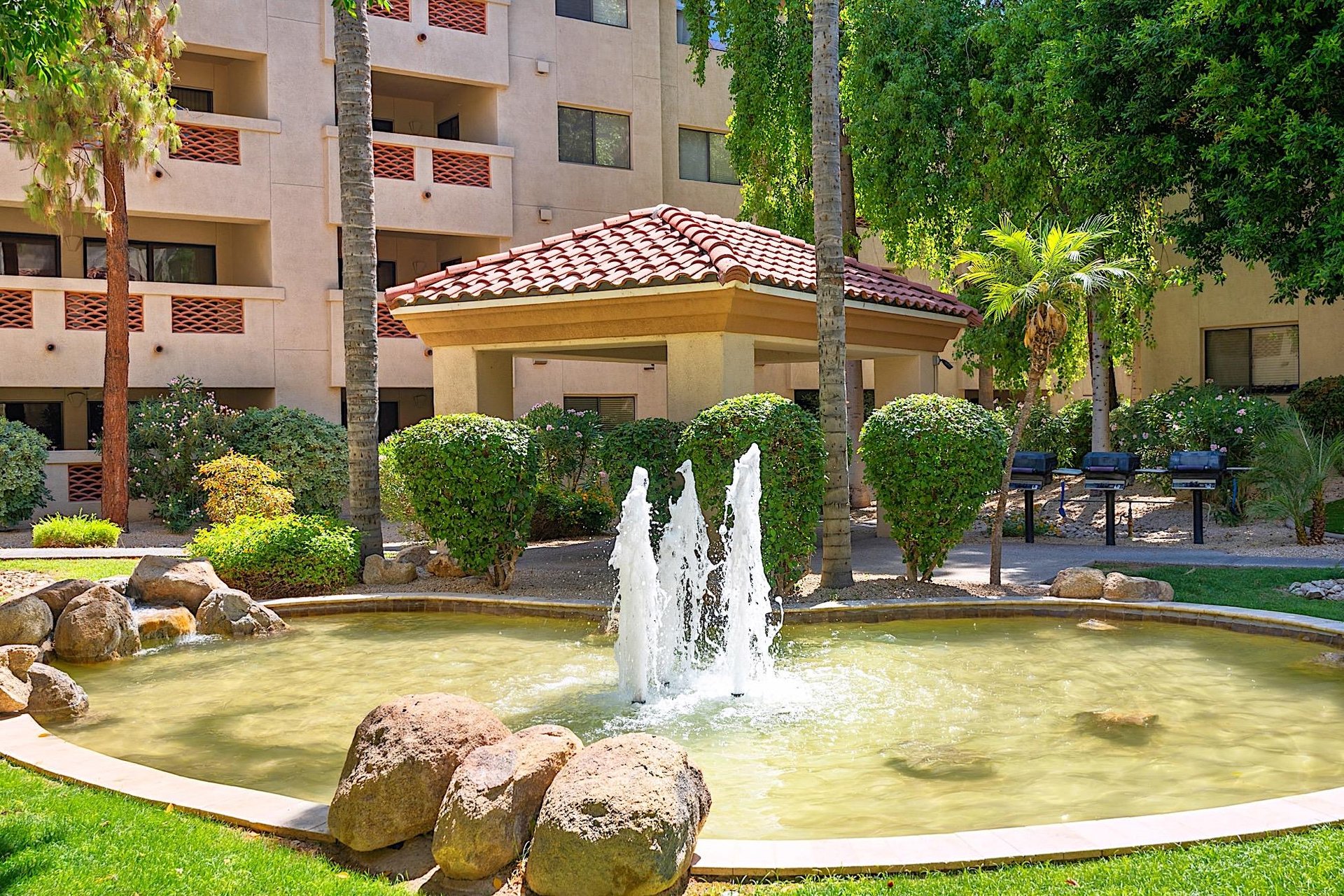 Fountains on the grounds below the condo