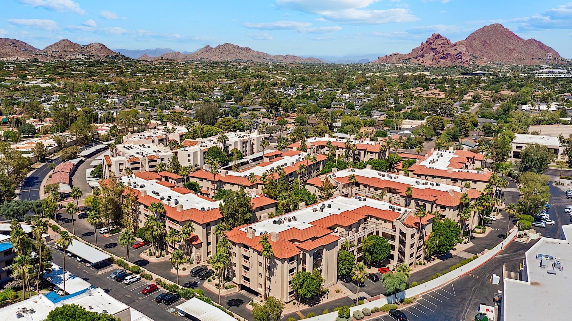 Aerial view of the community looking towards the mountains