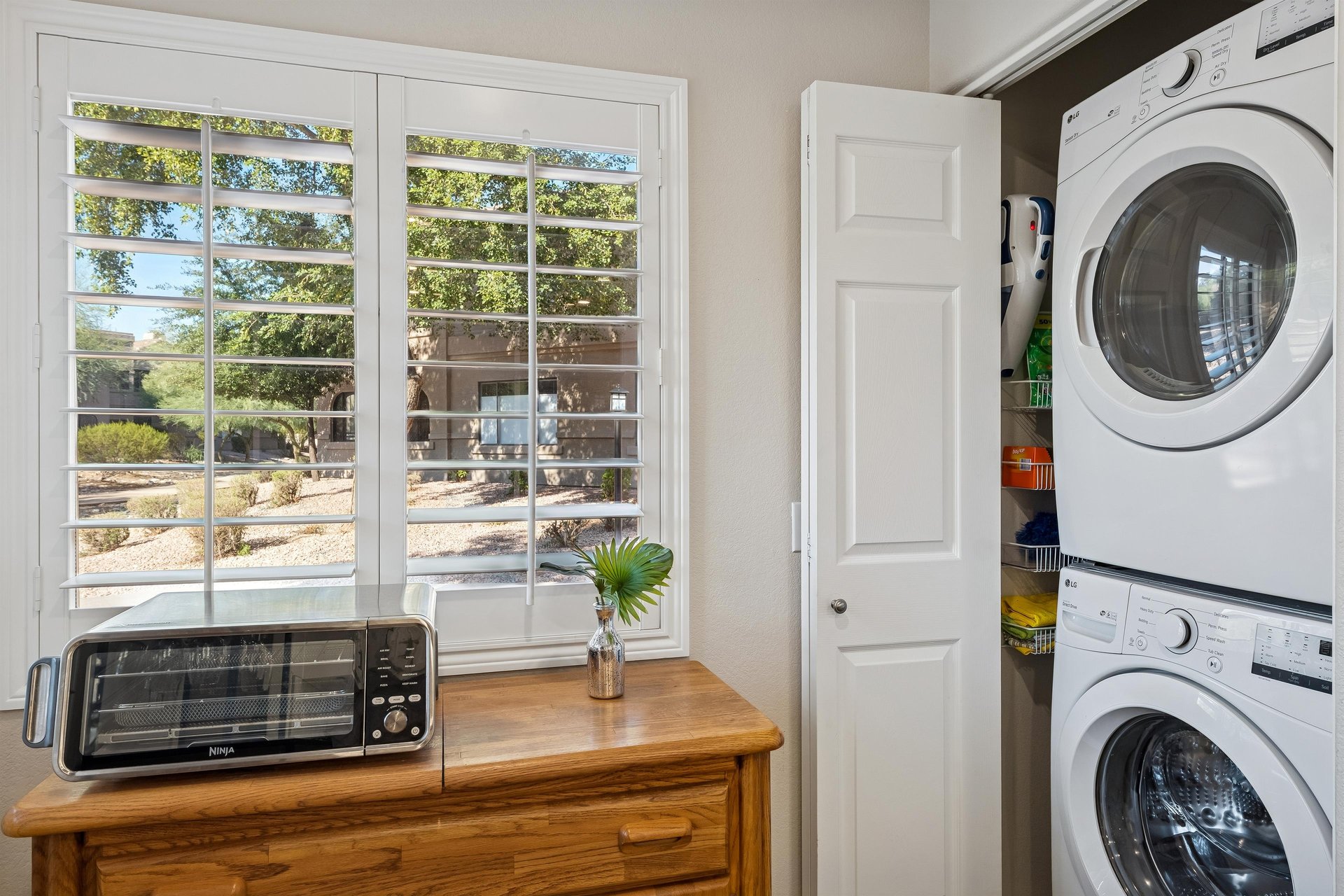 This unit provide a stackable washer and dryer for guest use.