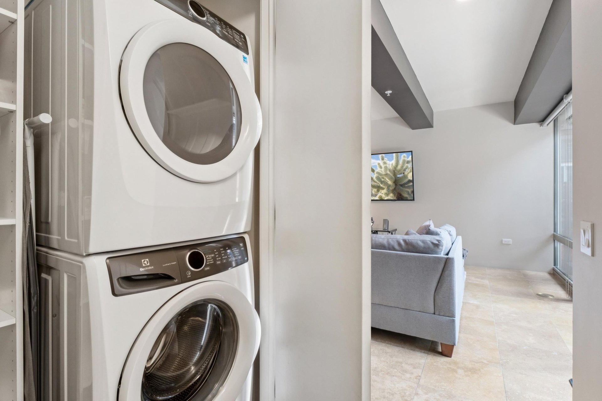 Stackable washer and dryer.