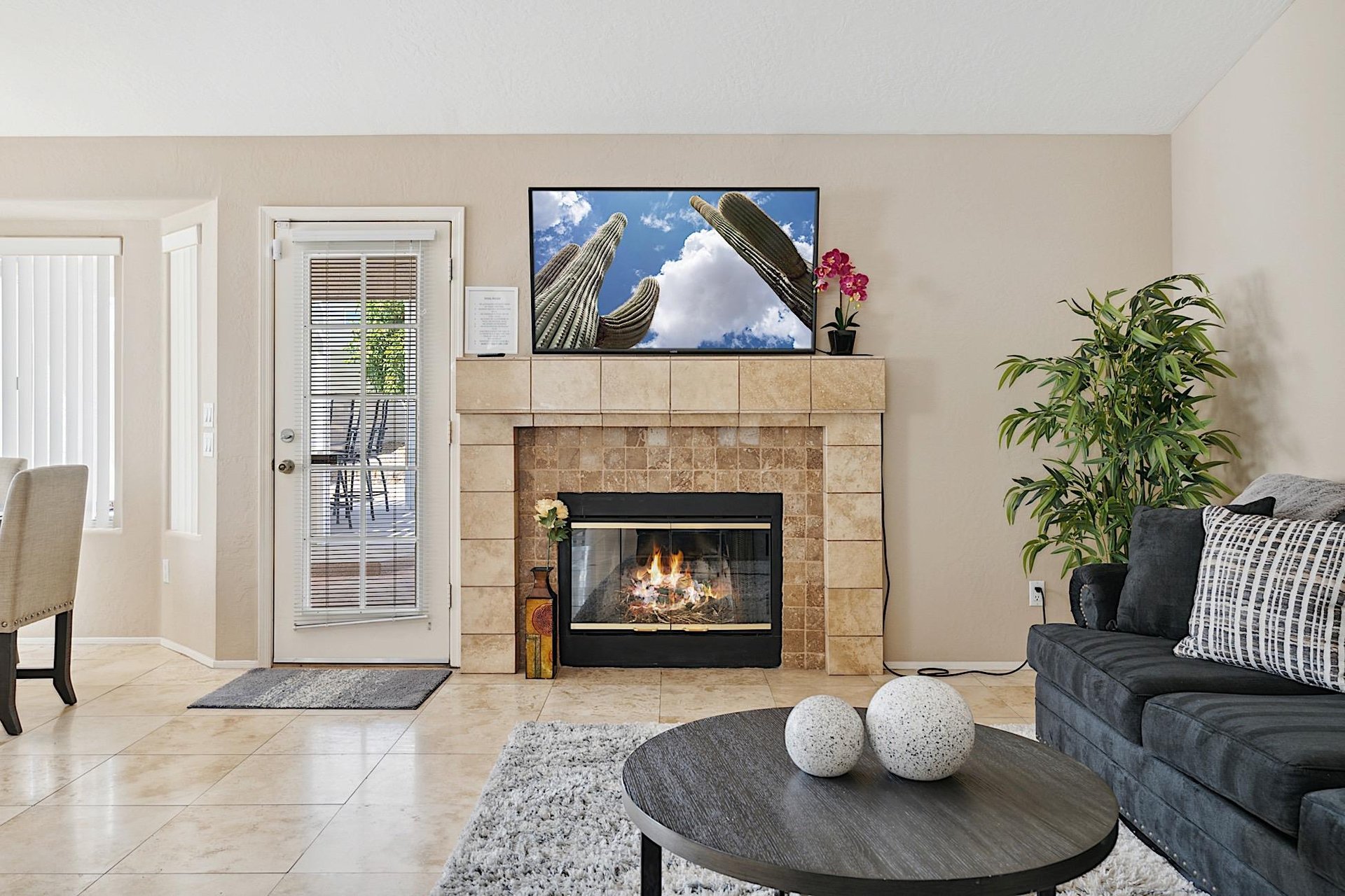 Gas fireplace. Mounted 55 Smart TV
