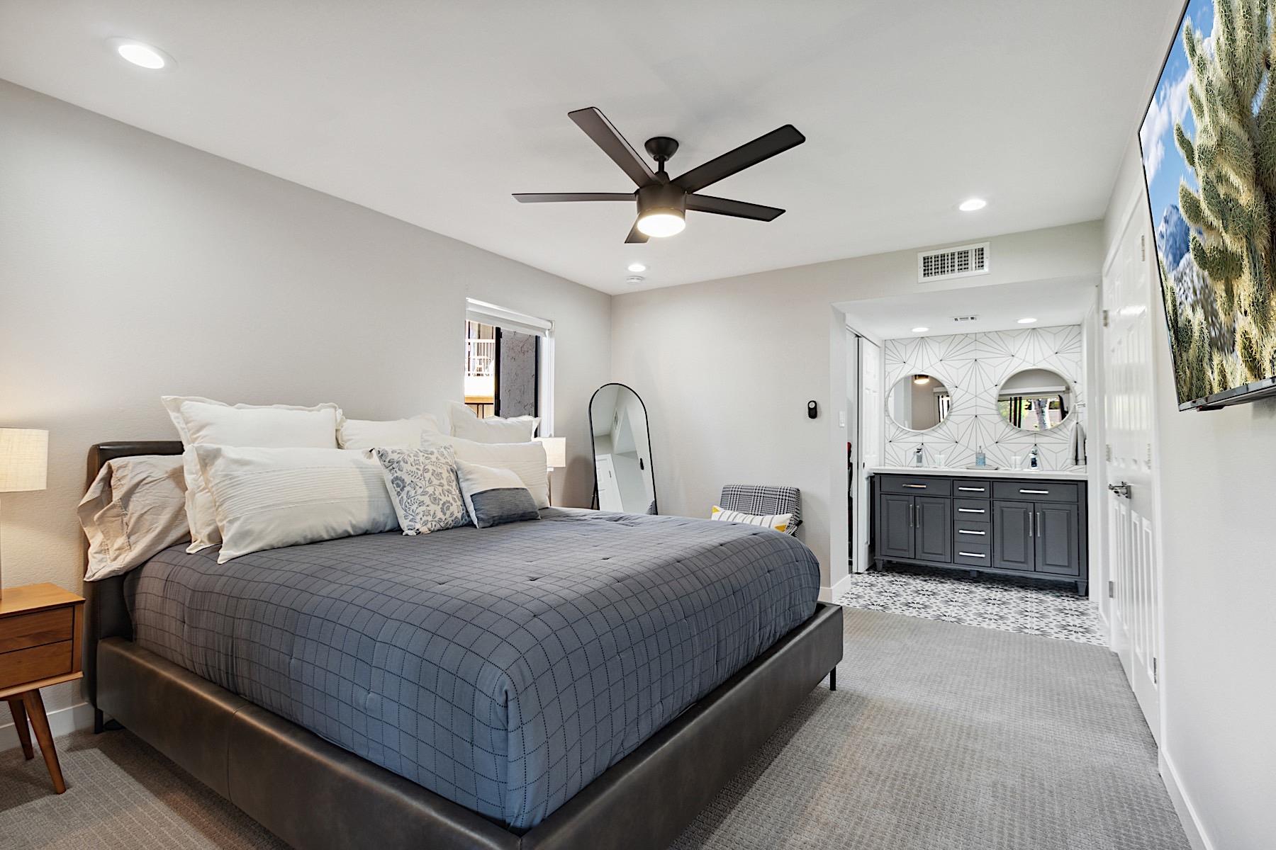 Master bedroom looking into master bathroom.