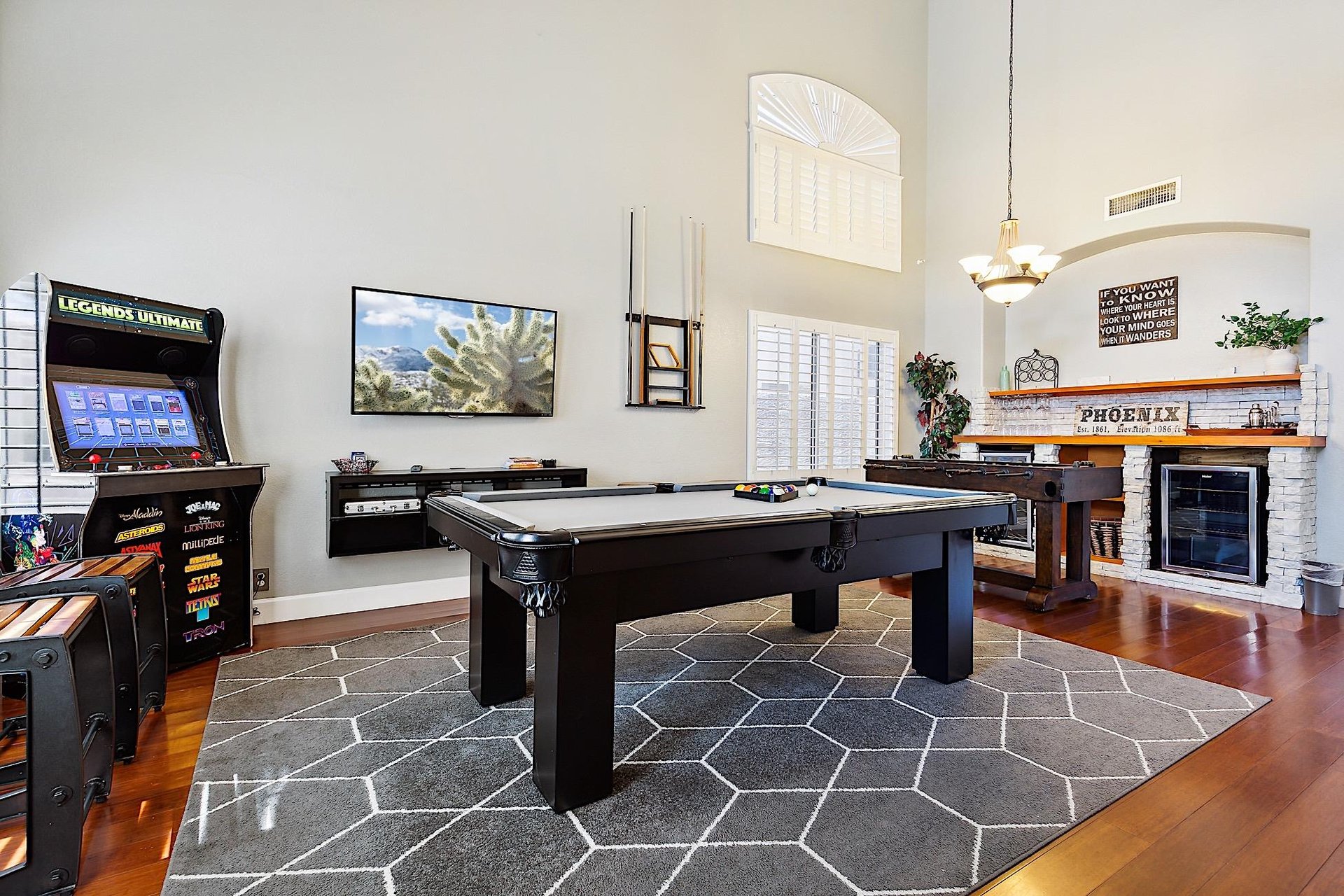 Billiard table, Foosball Table, Mounted TV, Arcade Game  Bar