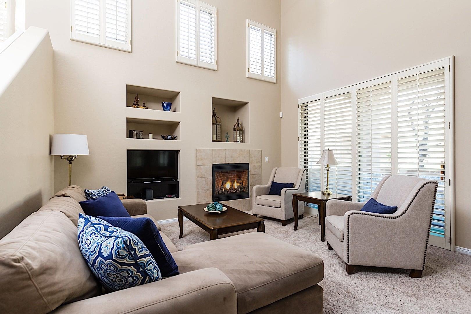 Bright open living room with vaulted ceilings