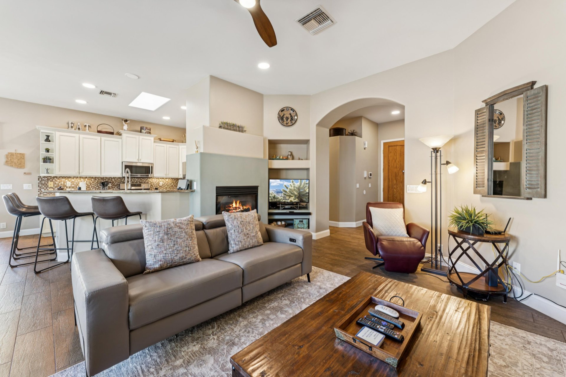 Cozy up in the living room and enjoy the warmth of the fireplace