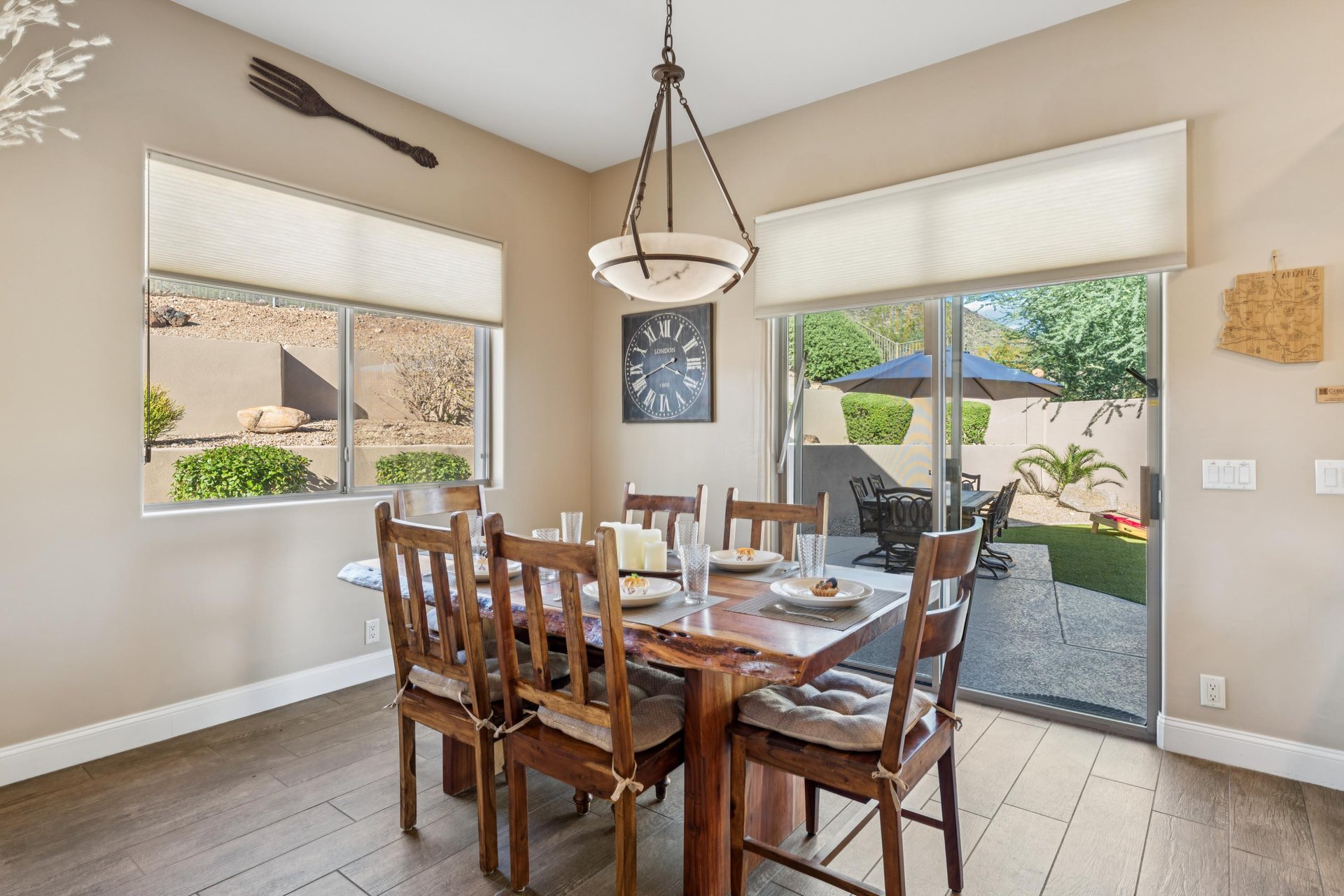 Solid wood dining table with dining for 6 and great views from all angles