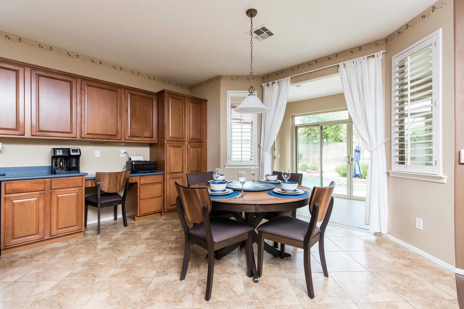 4 person wood table, new dishware, new coffeemaker