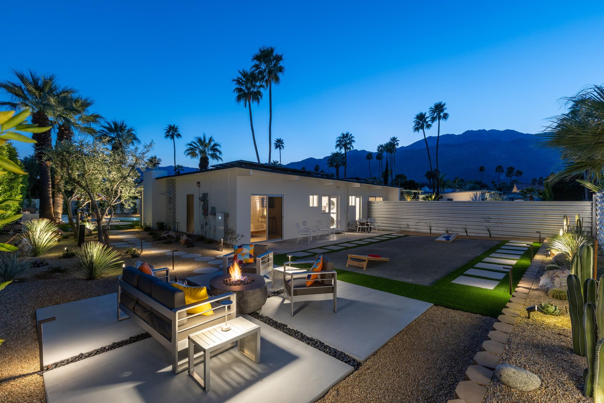 Night time lounge areas with fire pit