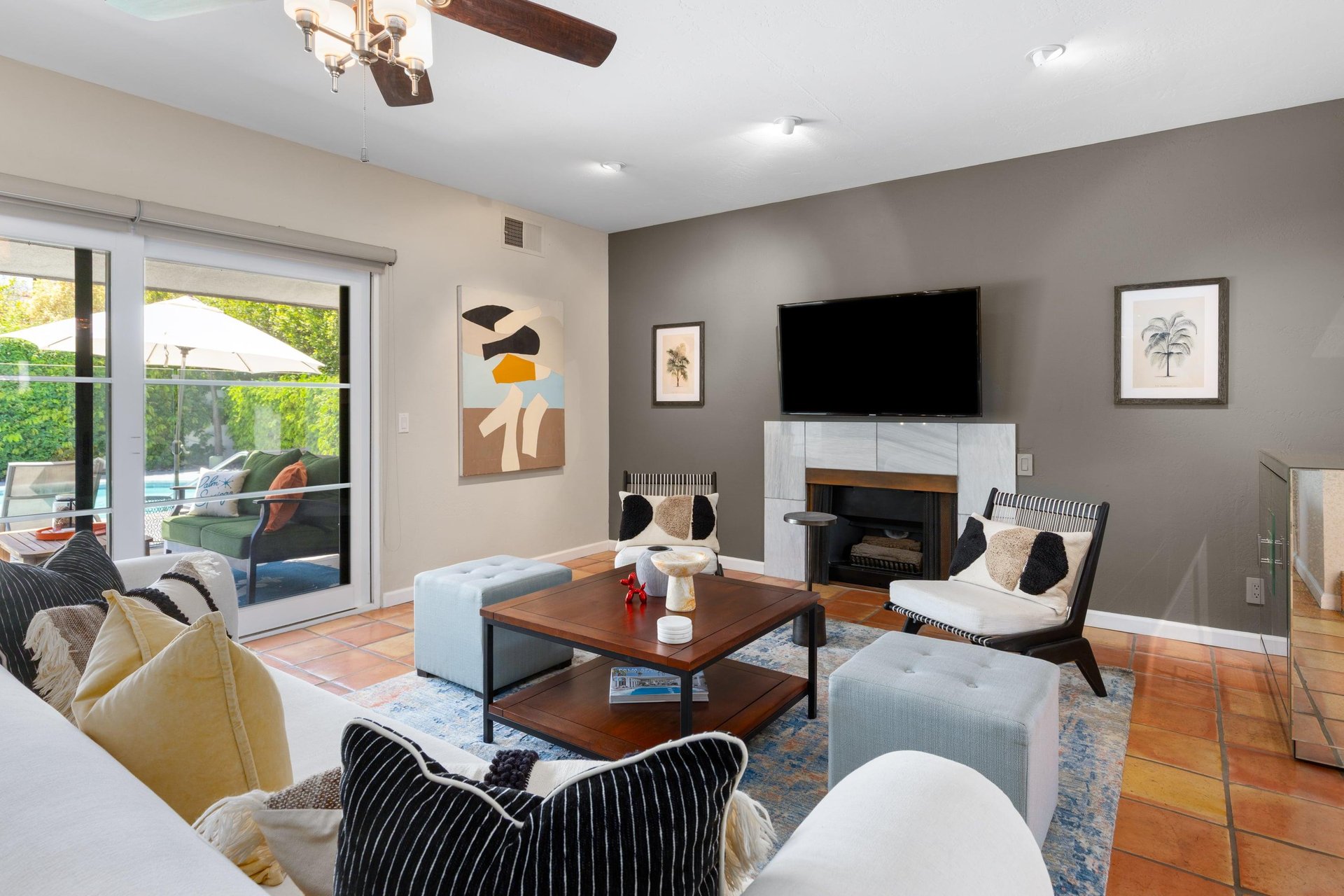 Additional view of fireplace and TV.