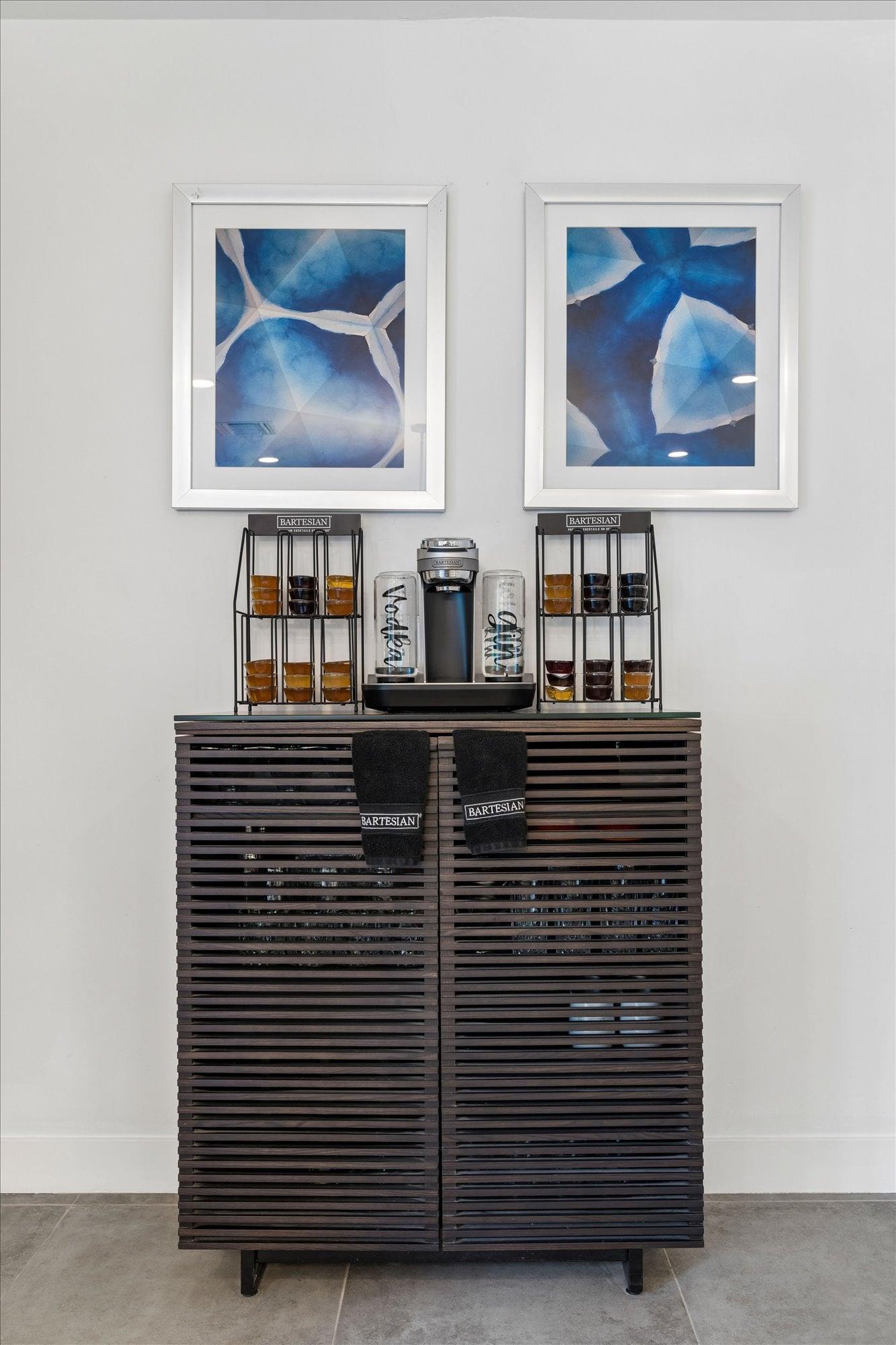 Bar area with custom drink dispenser.