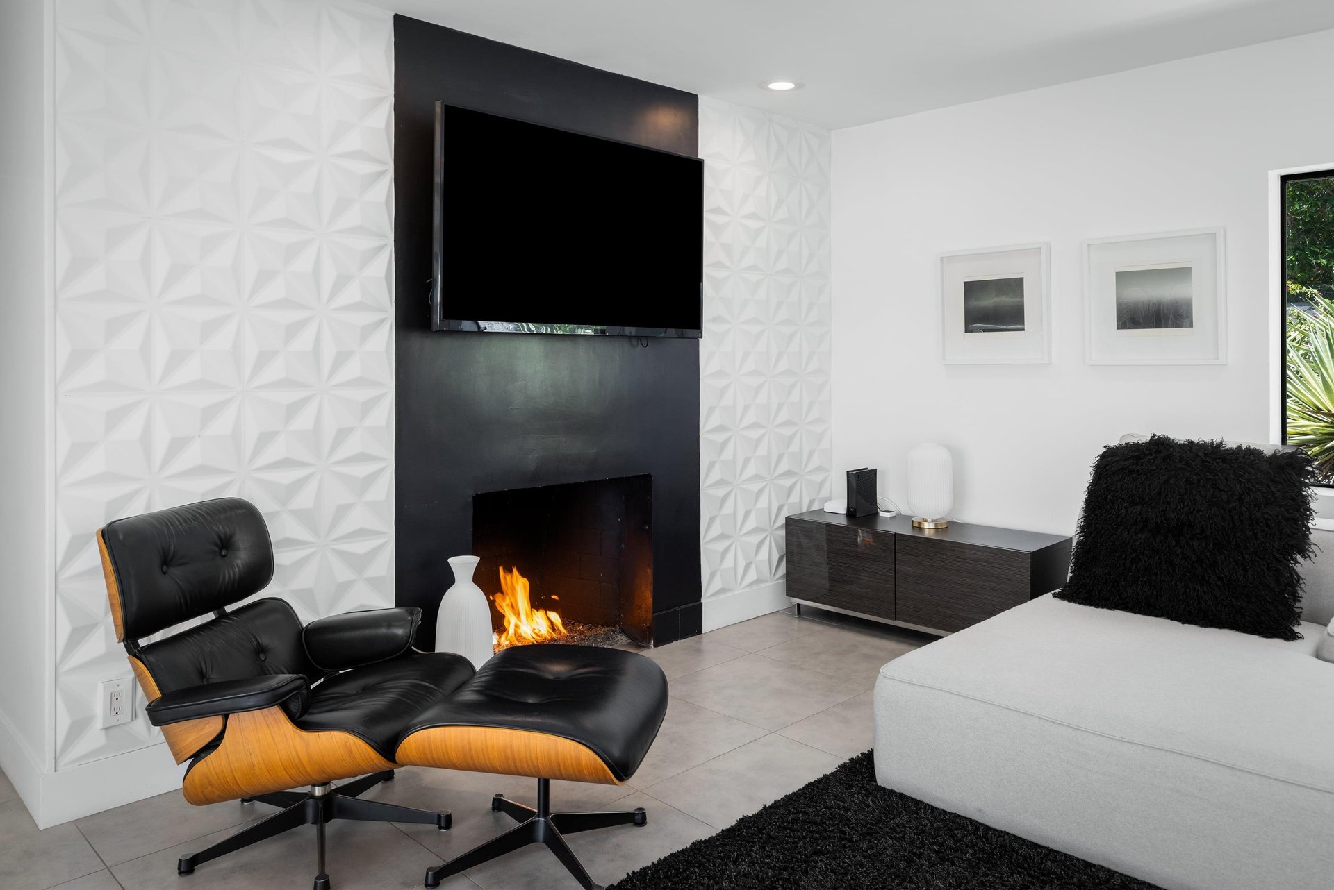 Gas fireplace and reading area.