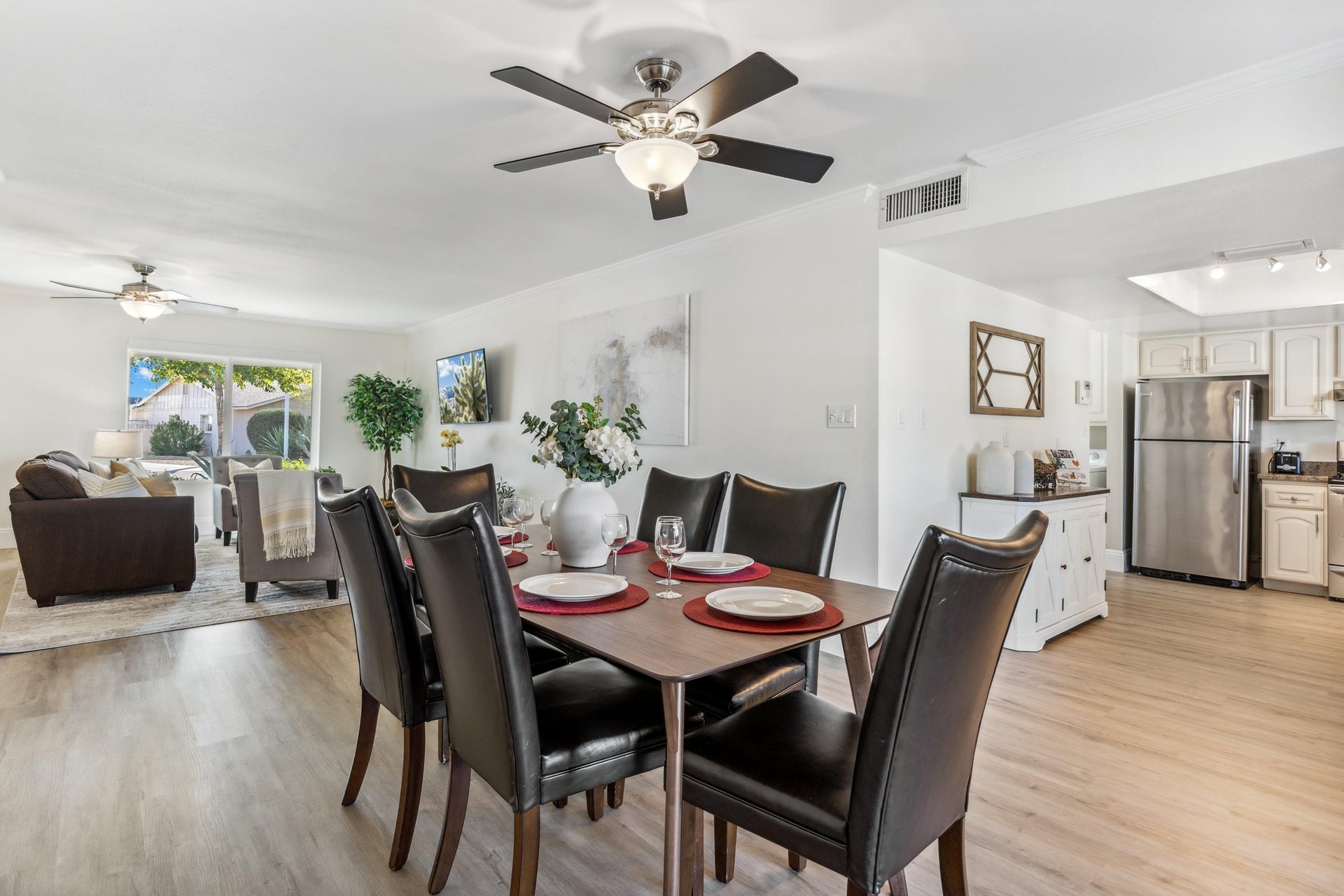 Dining area, kitchen, living room.