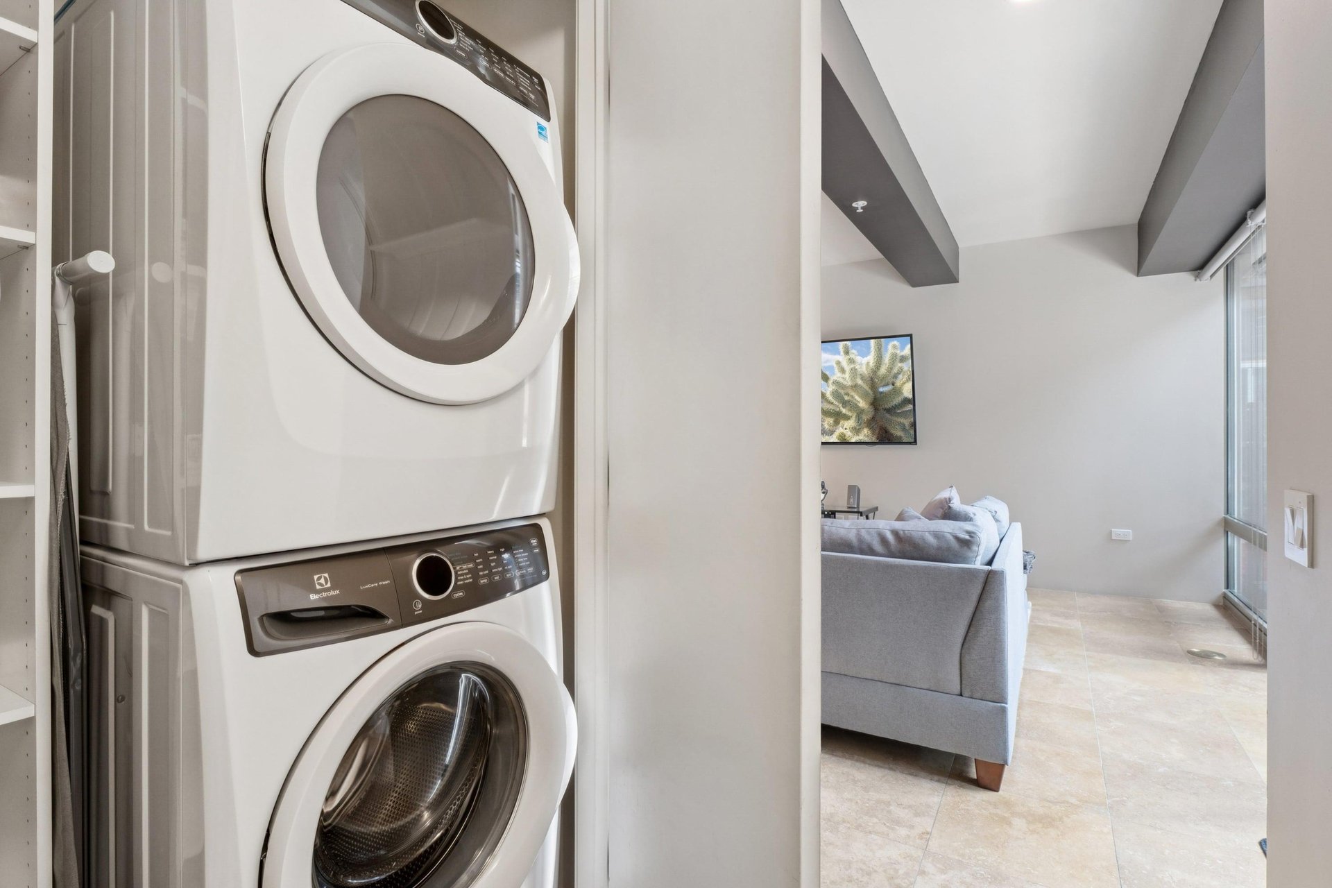 Stackable washer and dryer.