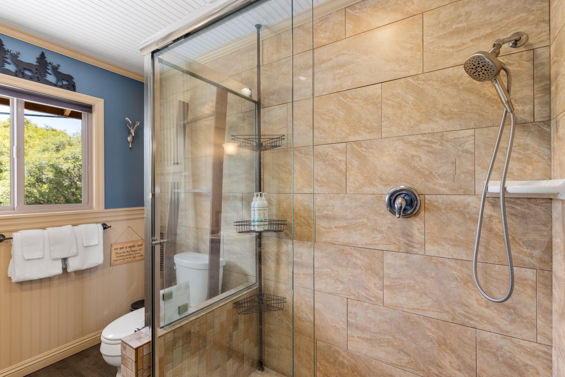 Upstairs bathroom with builtin heater and large shower