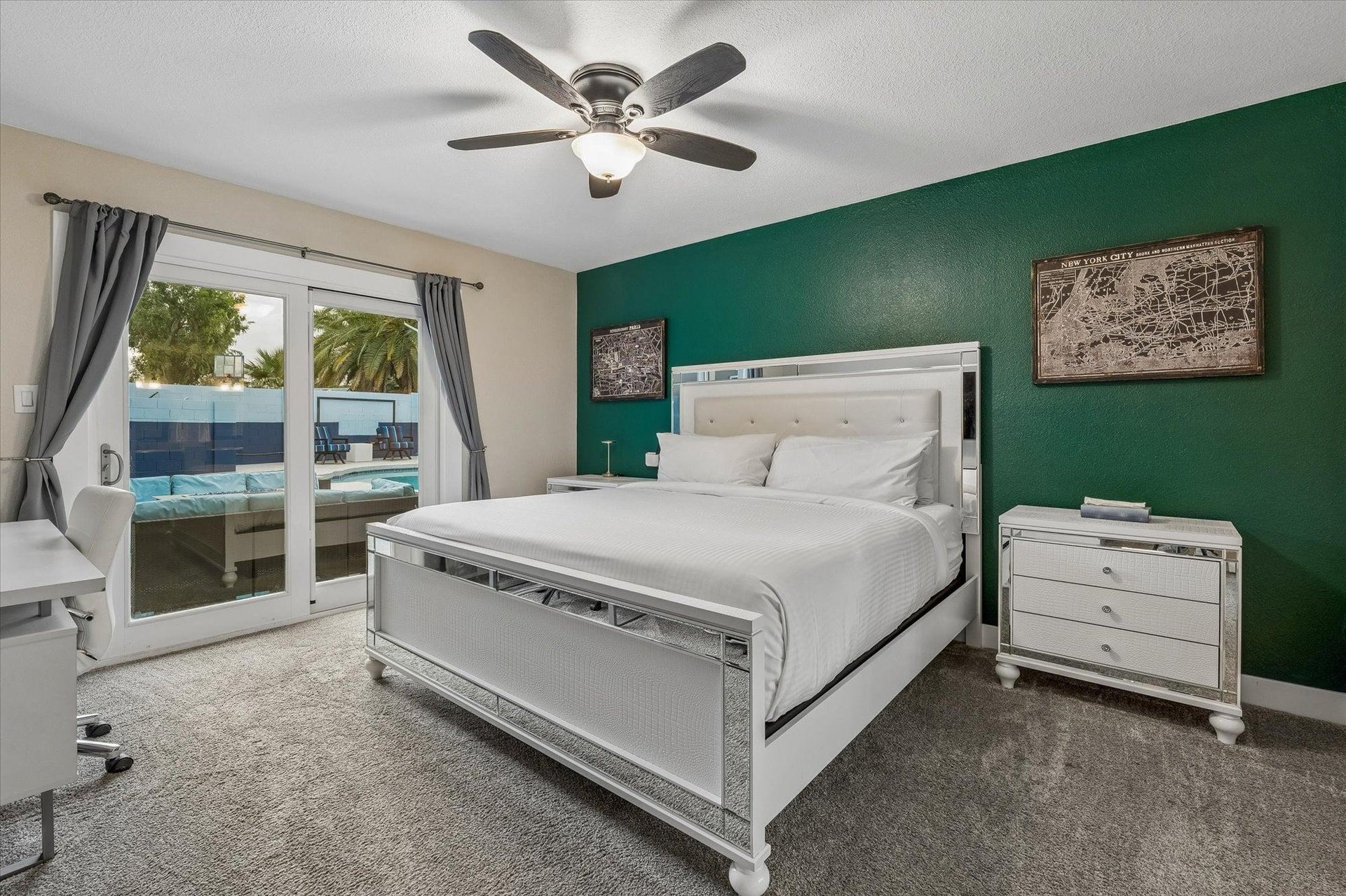 King size bed and sliding doors to back patio.