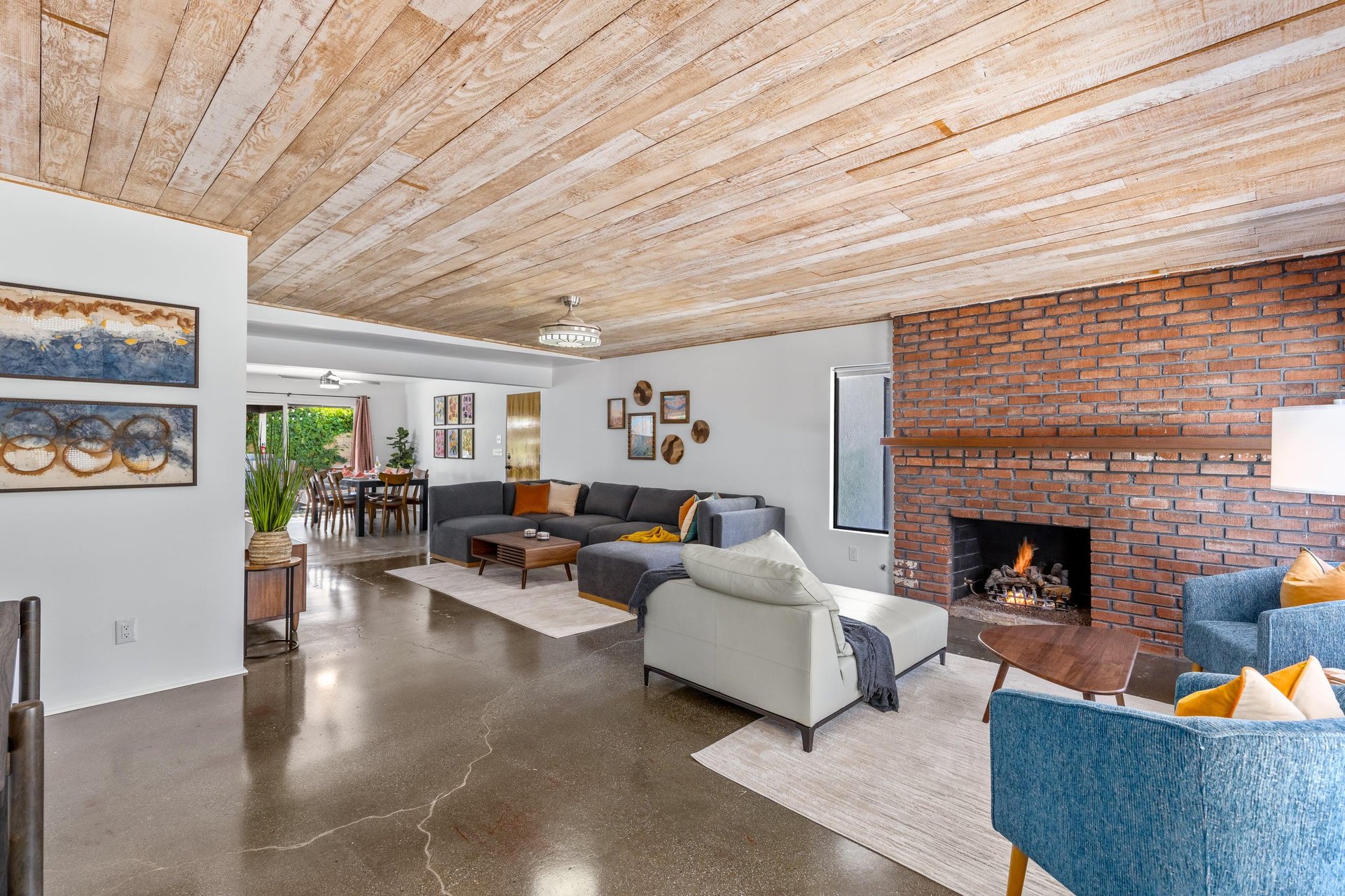 Designer interior with beautiful fireplace