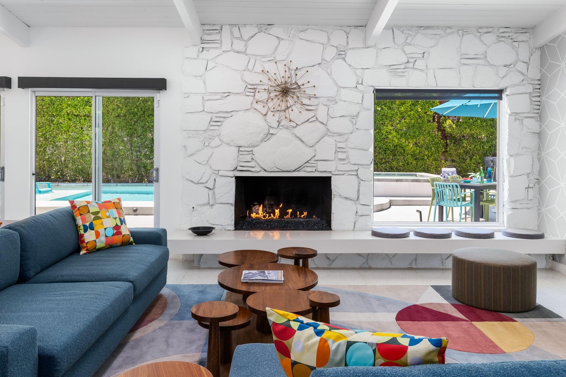 Fireplace and direct patio access.