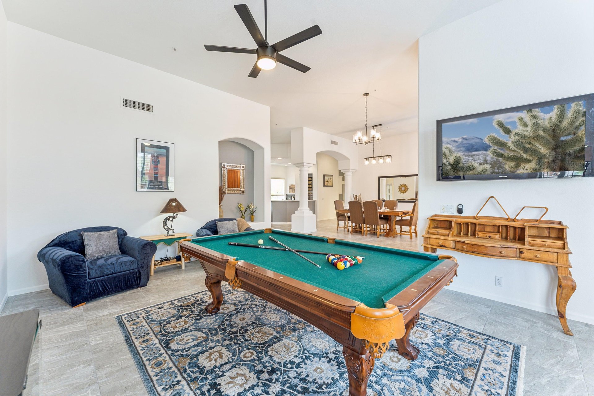 Hang out with the crew in the pool room. Streaming only TV to watch sports