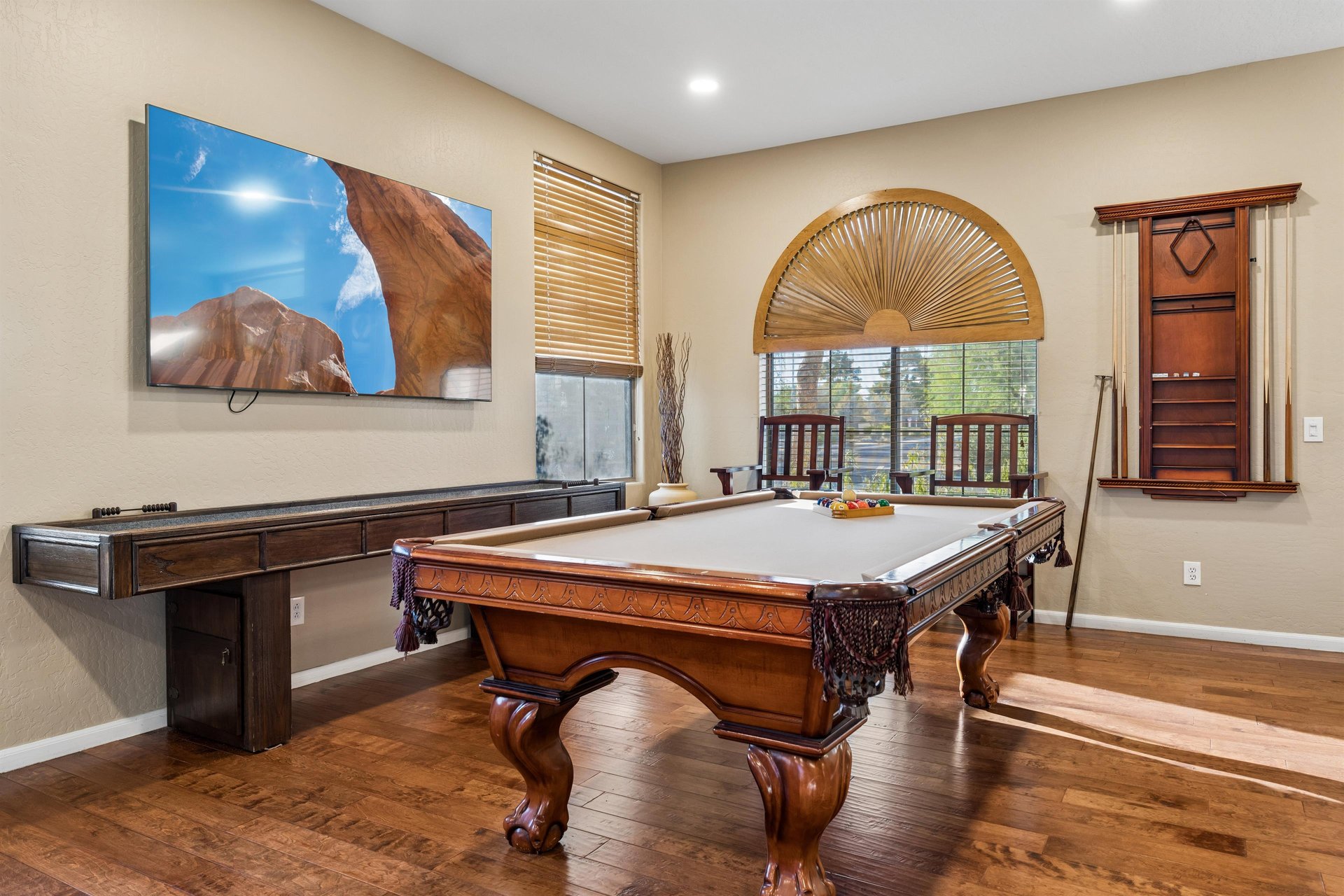 Features a pool table, foosball, and shuffleboard