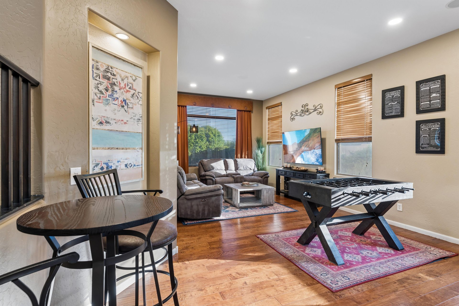 Features a pool table, foosball, and shuffleboard