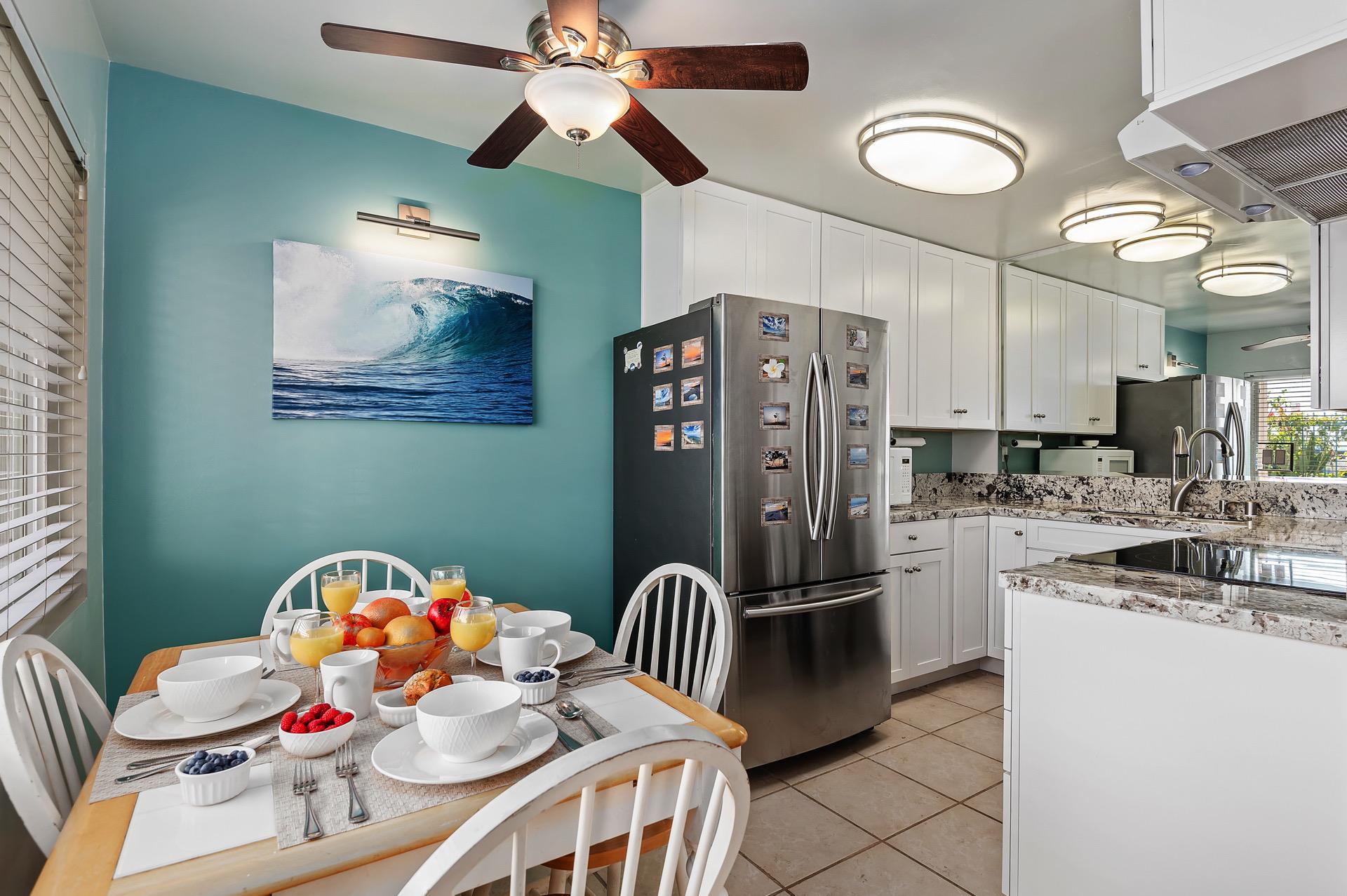 The kitchen and dining area open up to the living room.