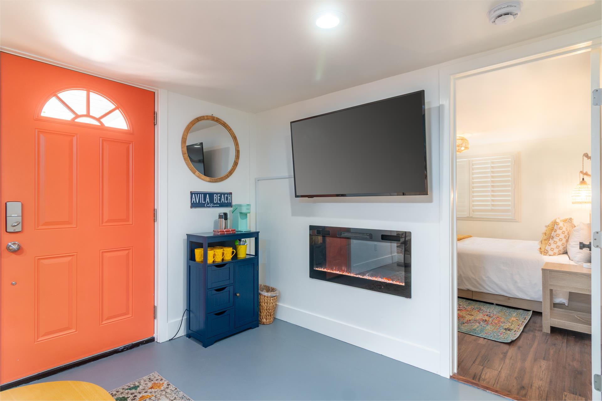 Flat screen TV and electric fireplace for heat