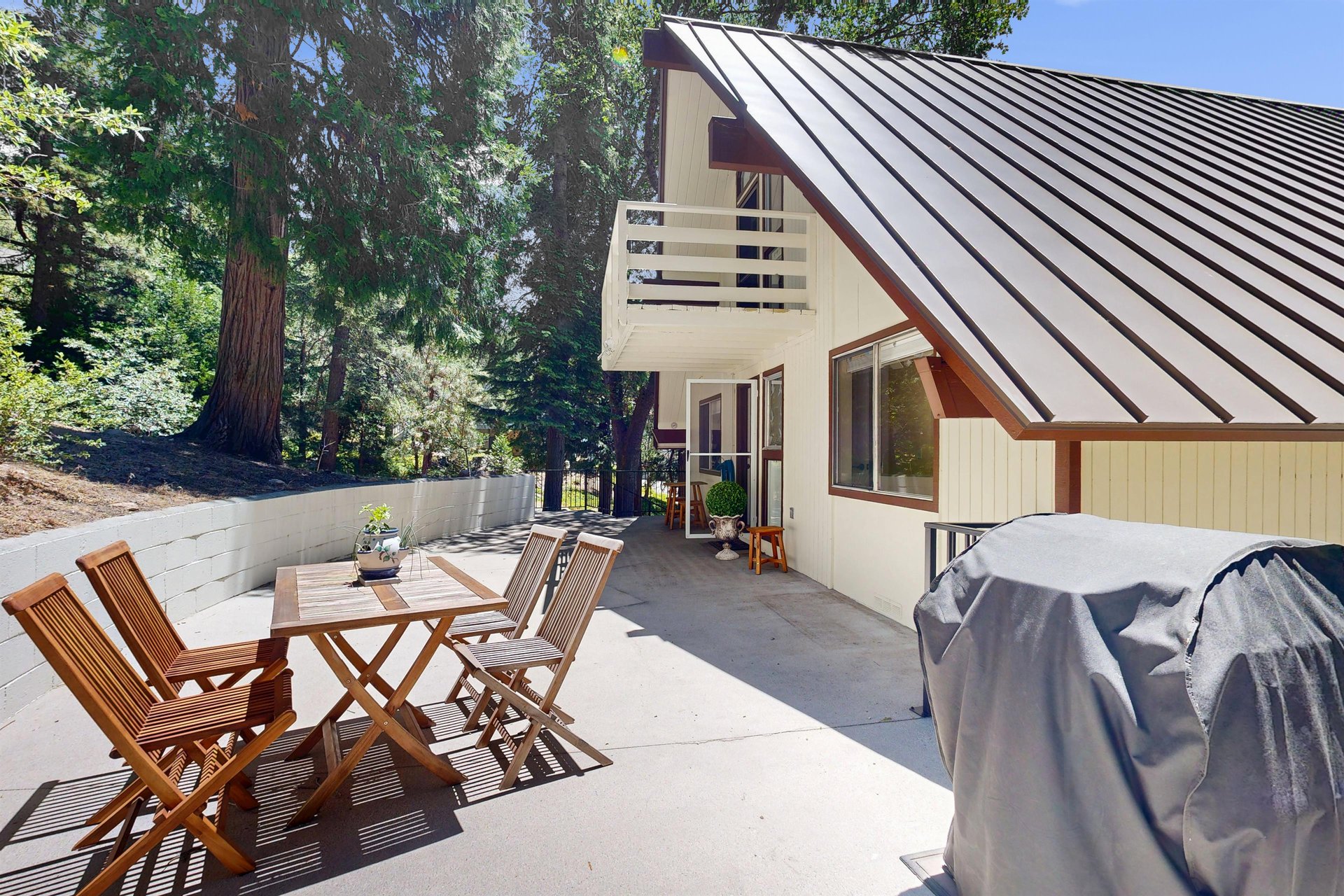 Back patio with outdoor seating, dining area, and BBQ grill.