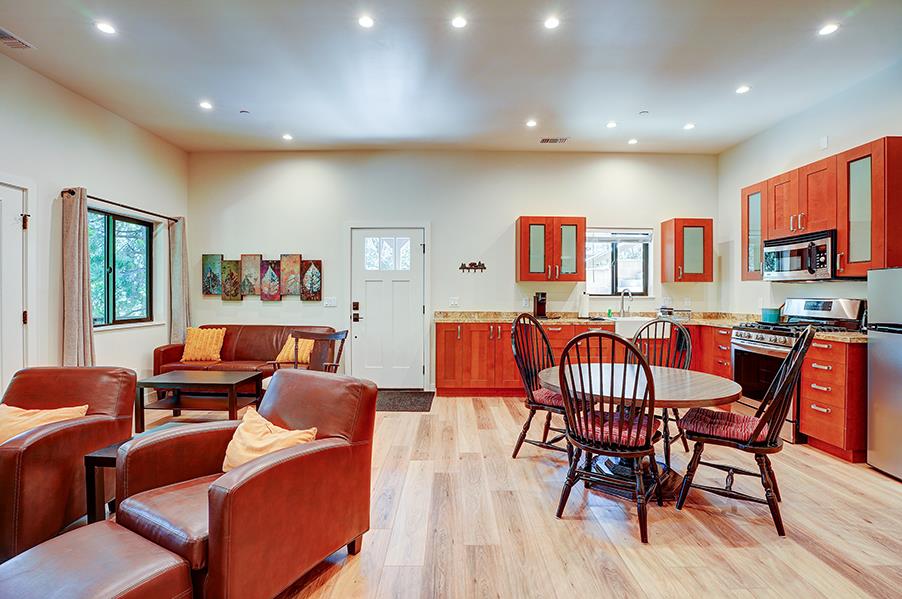 A second kitchen and living area can be found on the lower level of the home.