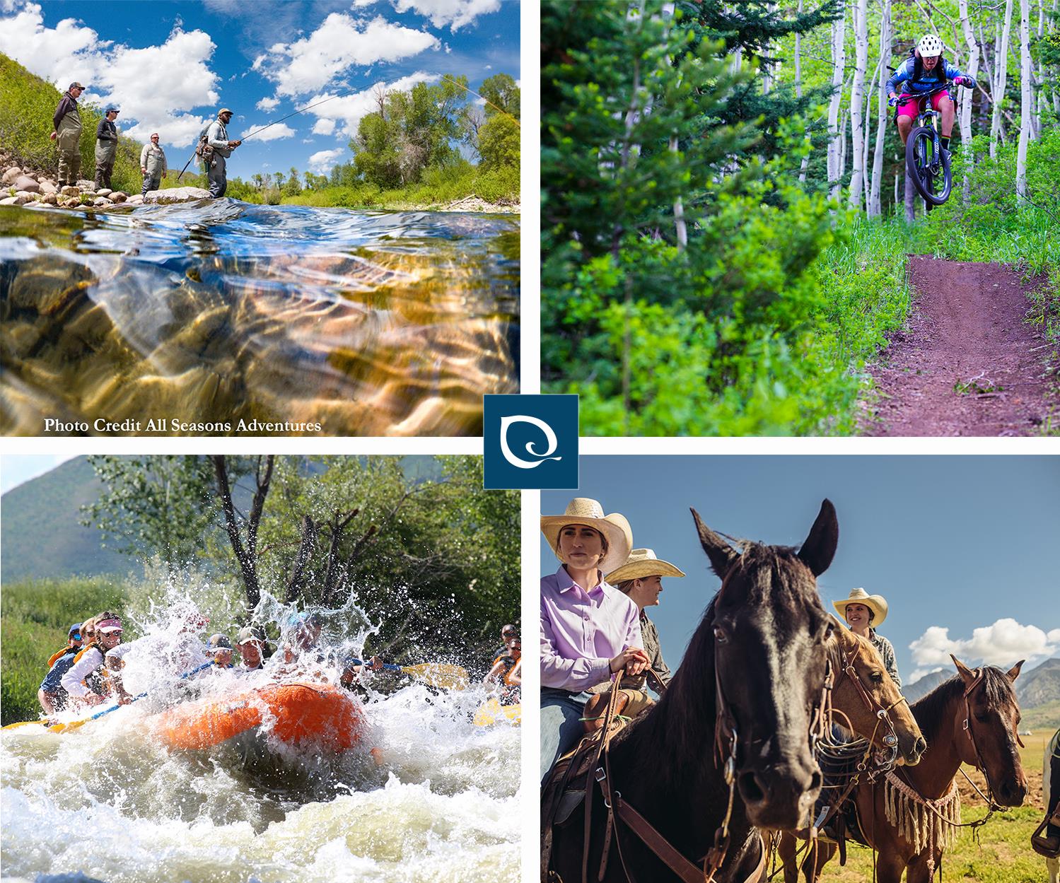 4 pictures of different activities  horseback riders, river rafters, mountain biker and fly fishing