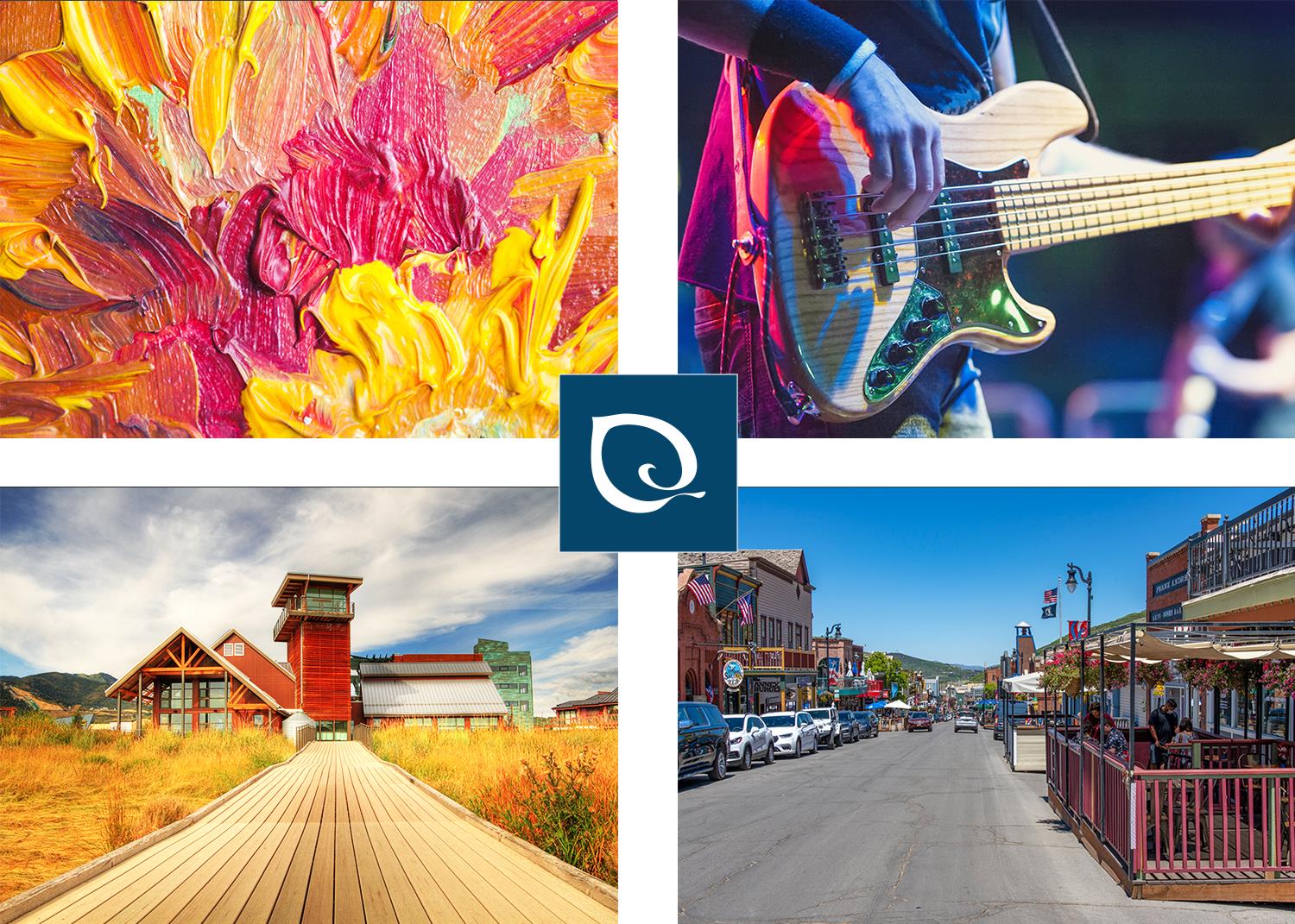 Four photos appear one of vibrant flower oil painting, a close up of a person playing guitar, the exterior of Swaner Preserve with boardwalk and riparian area around, and Main Street Park City, Utah