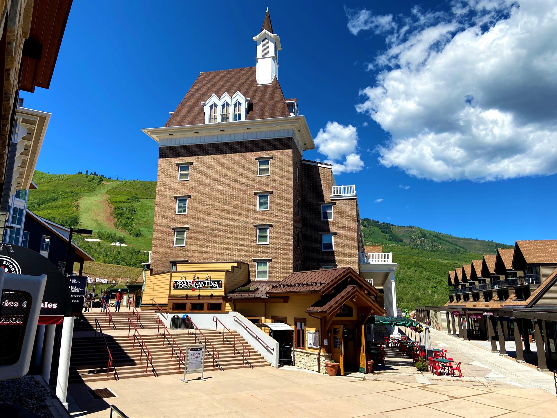 Resort plaza views on a beautiful sunny summer day