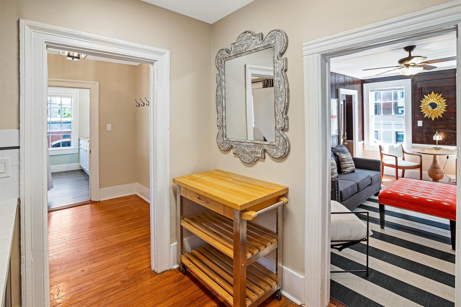 The moveable island is great for food storage, or to be utilized as a bar cart