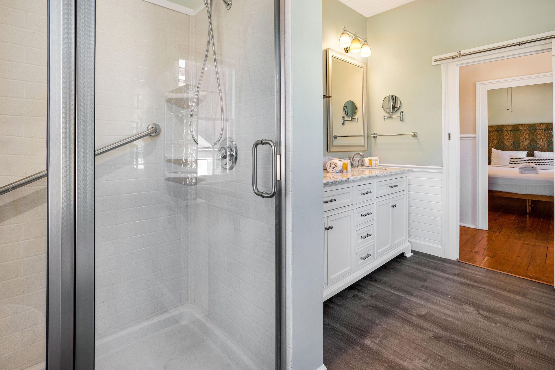 The large walkin shower is a great place to unwind after a long day.