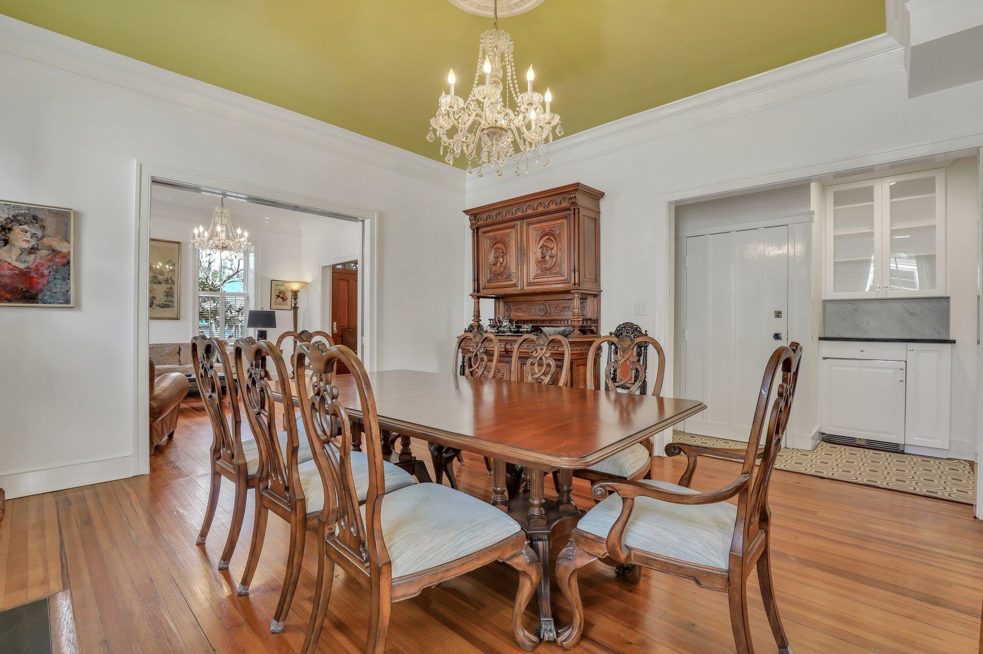 A wine fridge is located just off of the dining room, perfect for having a night with friends and opening a chilled bottle of your favorite blend