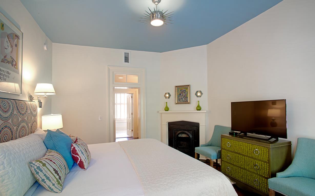 A specific shade of Haint Blue, a soft bluegreen, to ward off evil spirits called “haints.quot