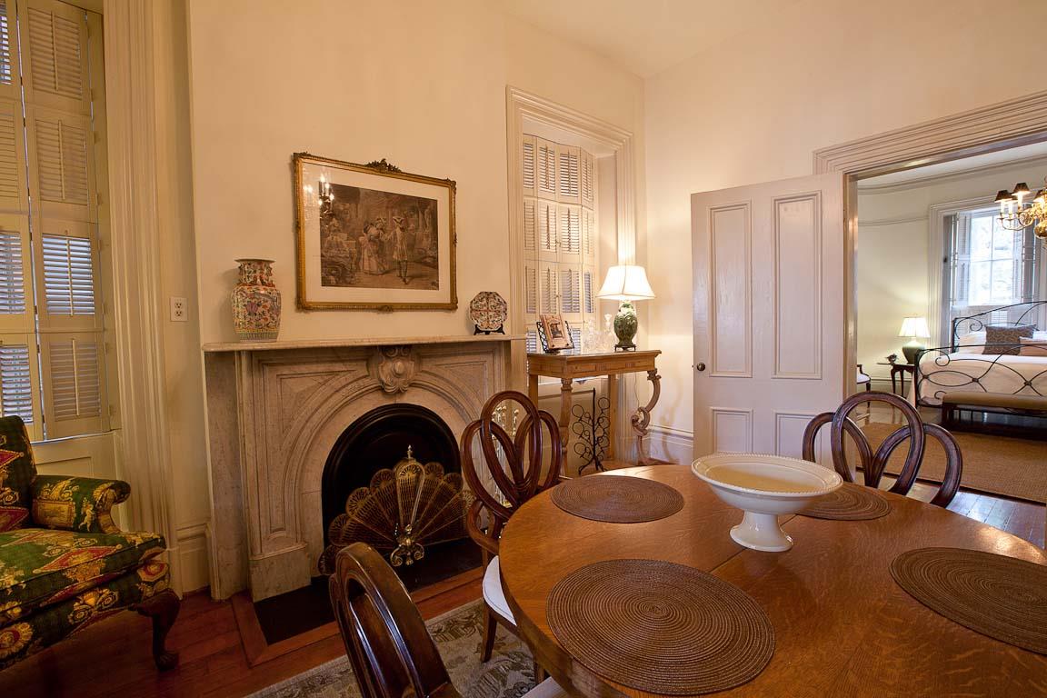 The dining table comfortably seats four.