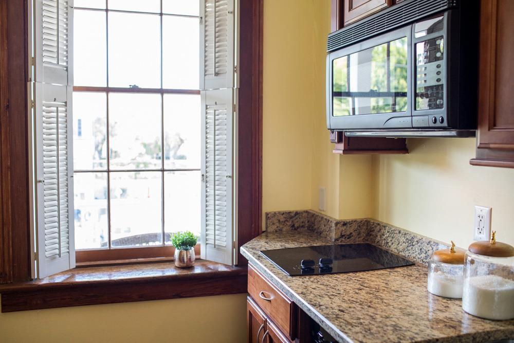 Plantation shutters open to allow plenty of natural light into the home.