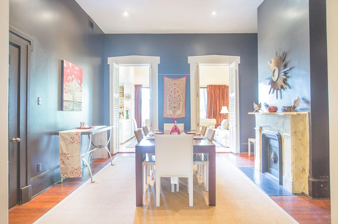 The formal dining room comfortably seats six.