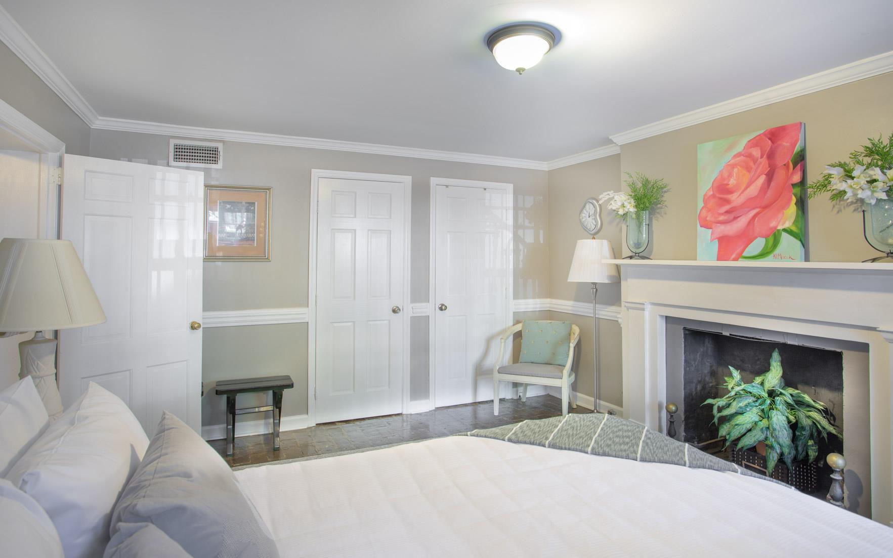 The bedroom has plenty of closet space.