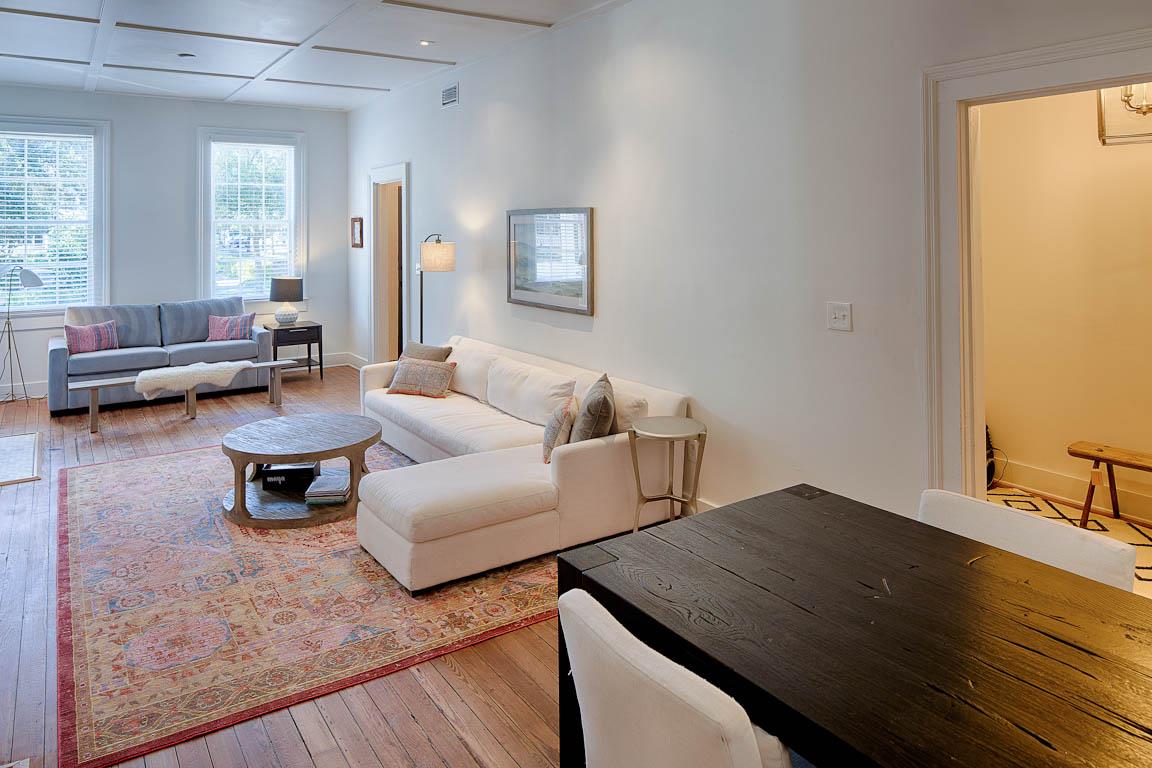 Tall ceilings and contemporary decor.