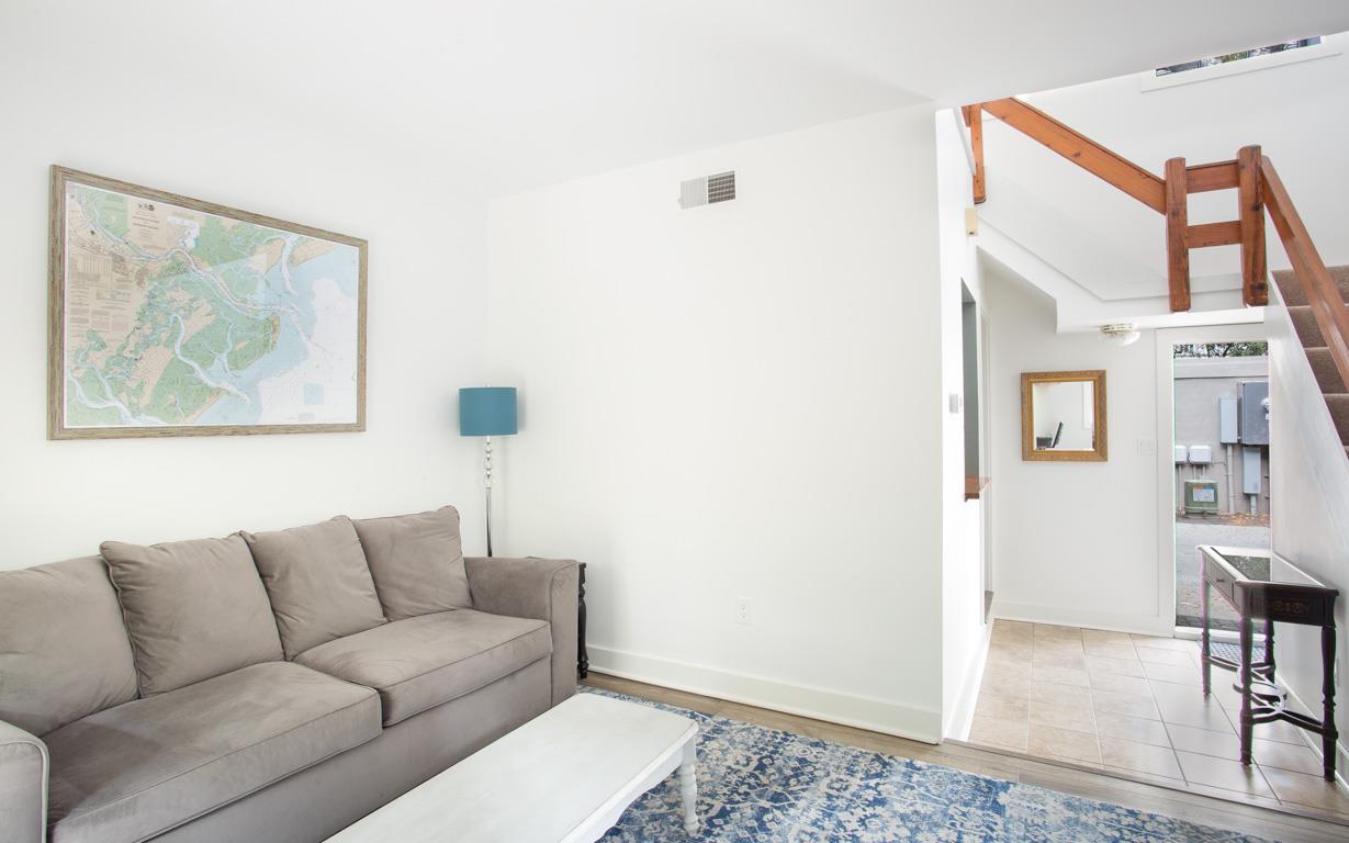 View of the front door from the living room.