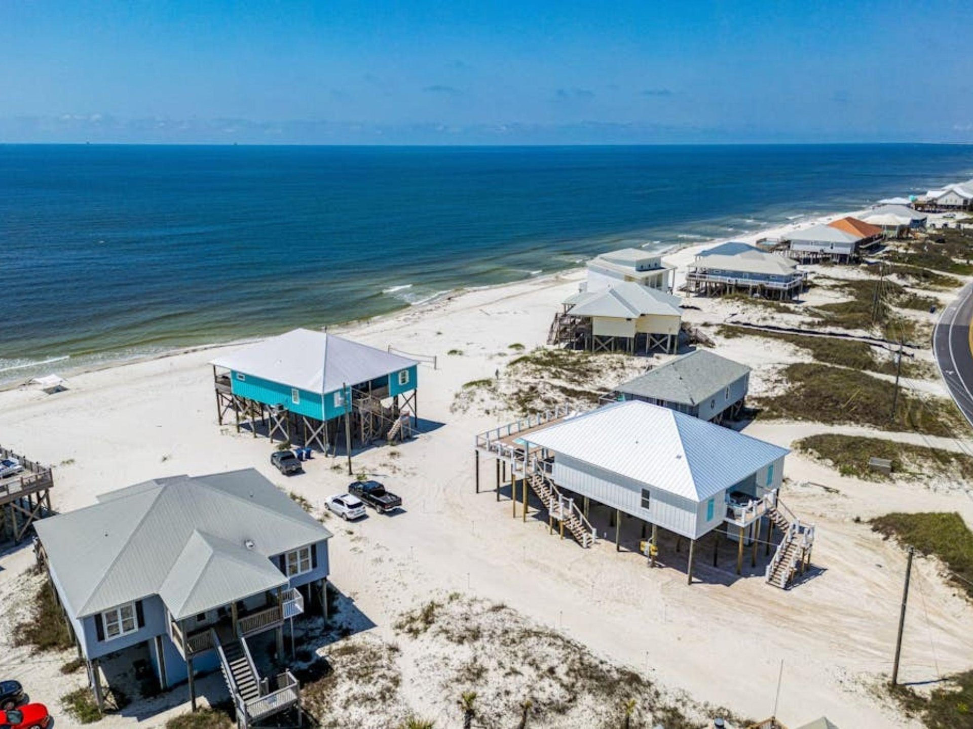 Aerial view of homes on the coast of Dauphin Island, Alabama