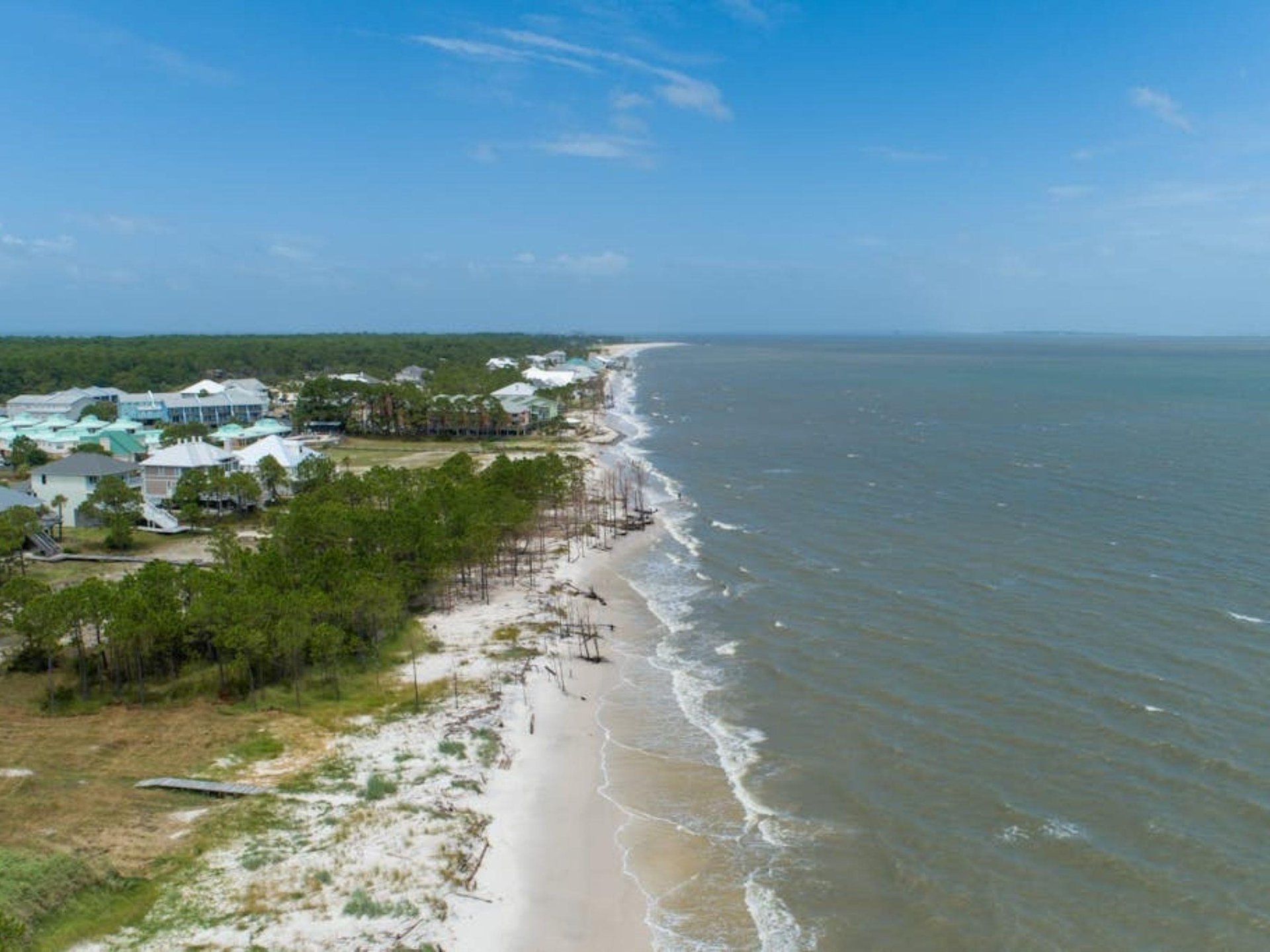 An overhead view down the coast of Dauphin Island